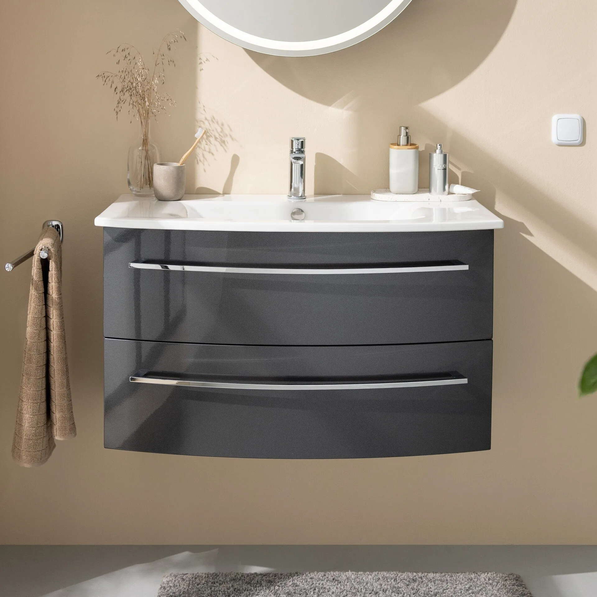 LANZET IMPULSO Waschbecken mit Unterschrank 90 cm breit, Anthrazit, Waschbecken Keramik Weiß