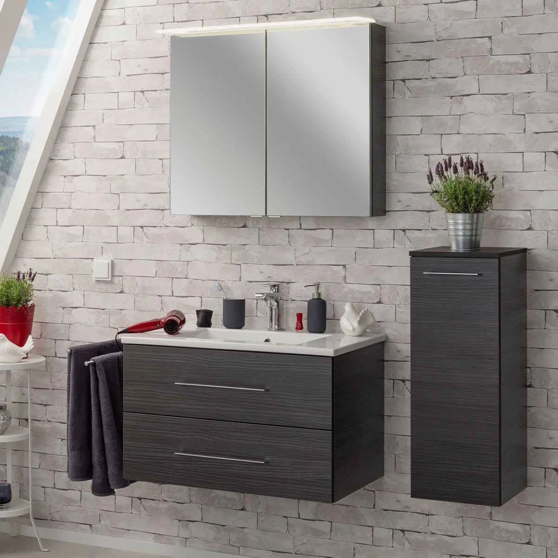 FACKELMANN B.PERFEKT Waschtisch Set mit Spiegelschrank 82 cm breit, Anthrazit, Waschbecken Keramik Weiß