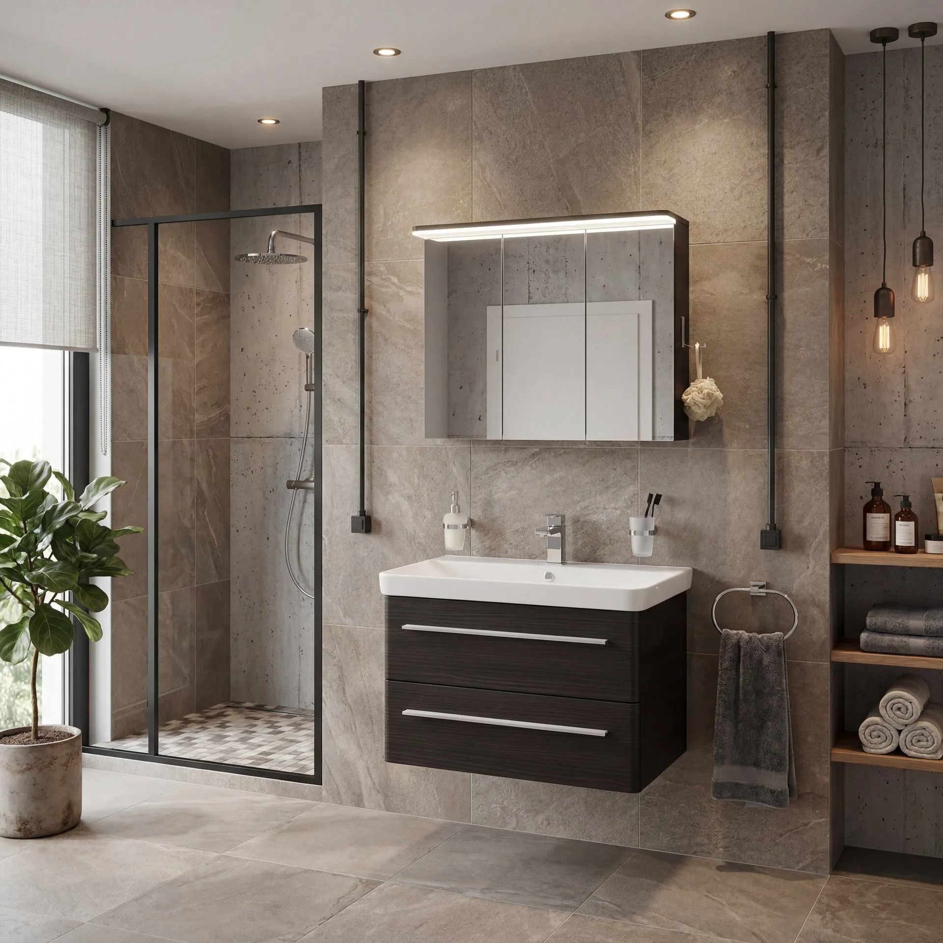 LANZET K8 Waschtisch Set mit Spiegelschrank 80 cm breit, Anthrazit Holzoptik, Waschbecken Keramik Weiß