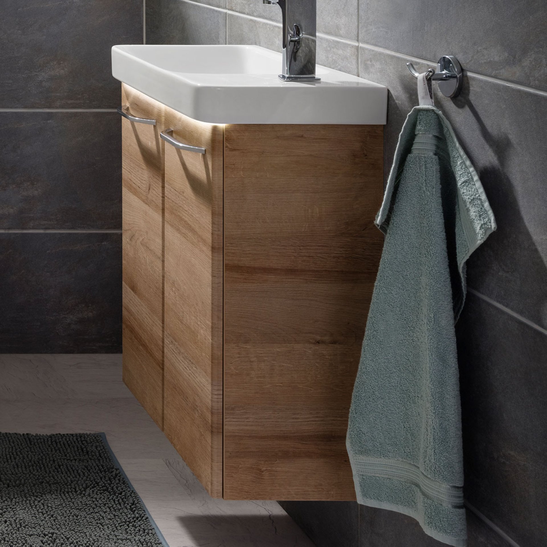 FACKELMANN MILANO Gäste WC Waschtisch Set 55 cm breit, Braun, Waschbecken Keramik Weiß