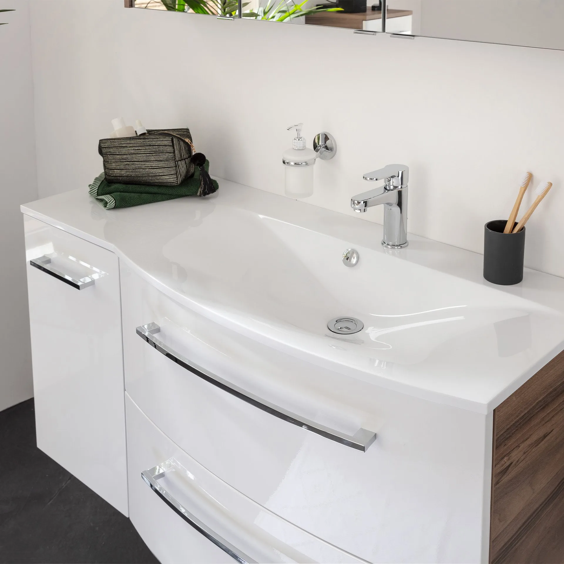 FACKELMANN VERONA Waschbecken mit Unterschrank 115 cm breit, Weiß/Braun Dunkel, Waschbecken Gussmarmor Weiß + Unterschrank Türanschlag rechts