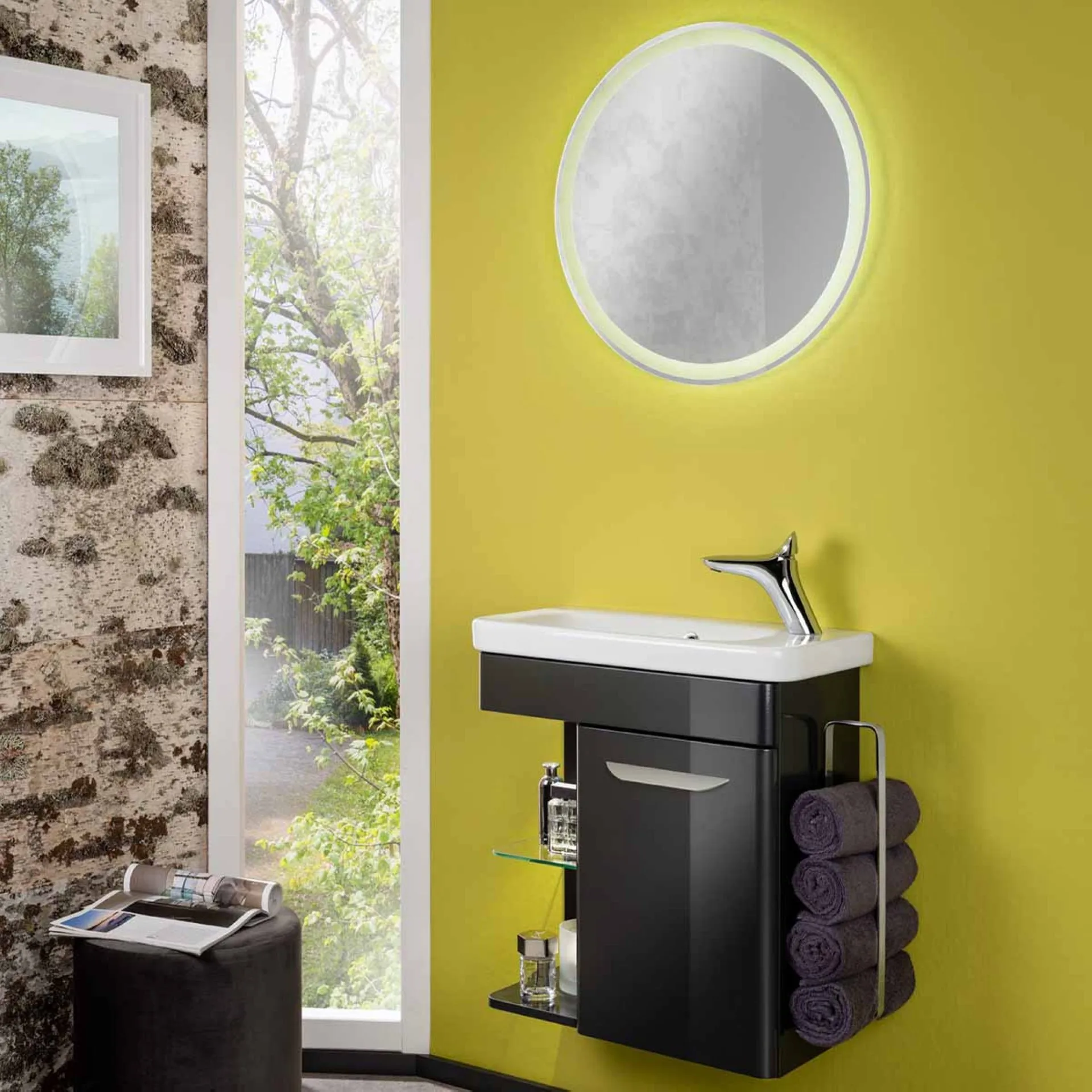 LANZET K8 Gäste WC Waschtisch Set 60 cm breit, Anthrazit, Waschbecken Keramik Weiß, Türanschlag rechts