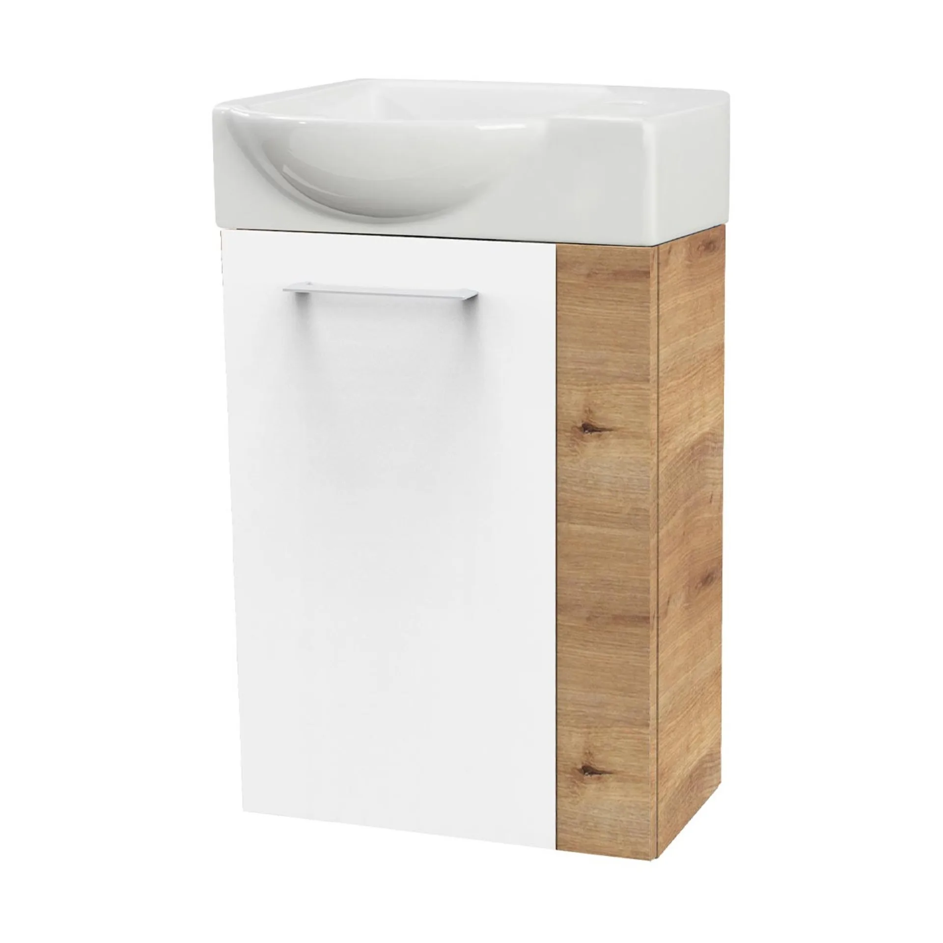 FACKELMANN SBC MILANO Gäste WC Waschtisch Set 45 cm breit, Weiß/Braun hell, Waschbecken Keramik Weiß, Türanschlag links