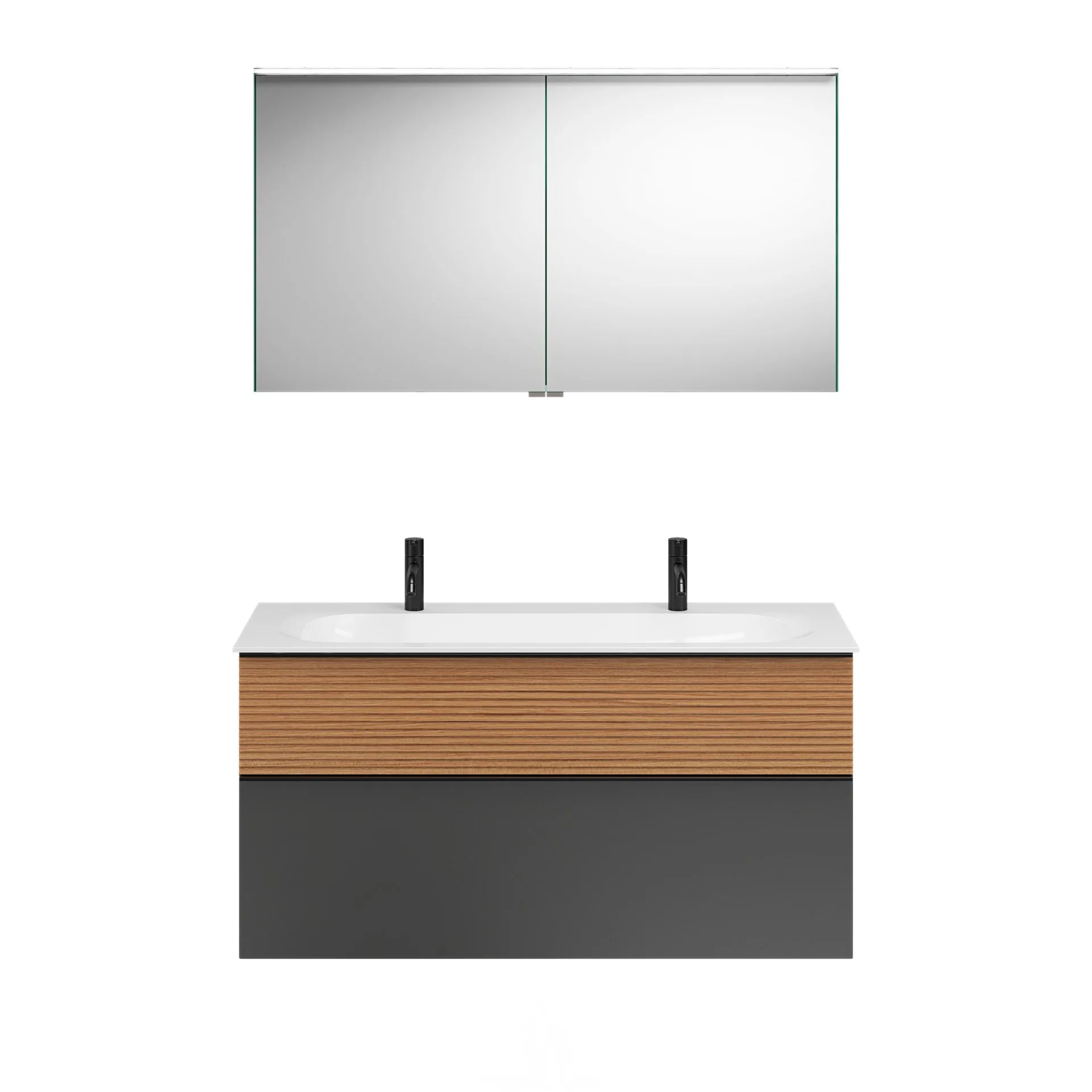 Burgbad FIUMO Waschtisch Set mit Spiegelschrank 122 cm breit, Braun/Anthrazit, Doppelwaschbecken Gussmarmor Weiß