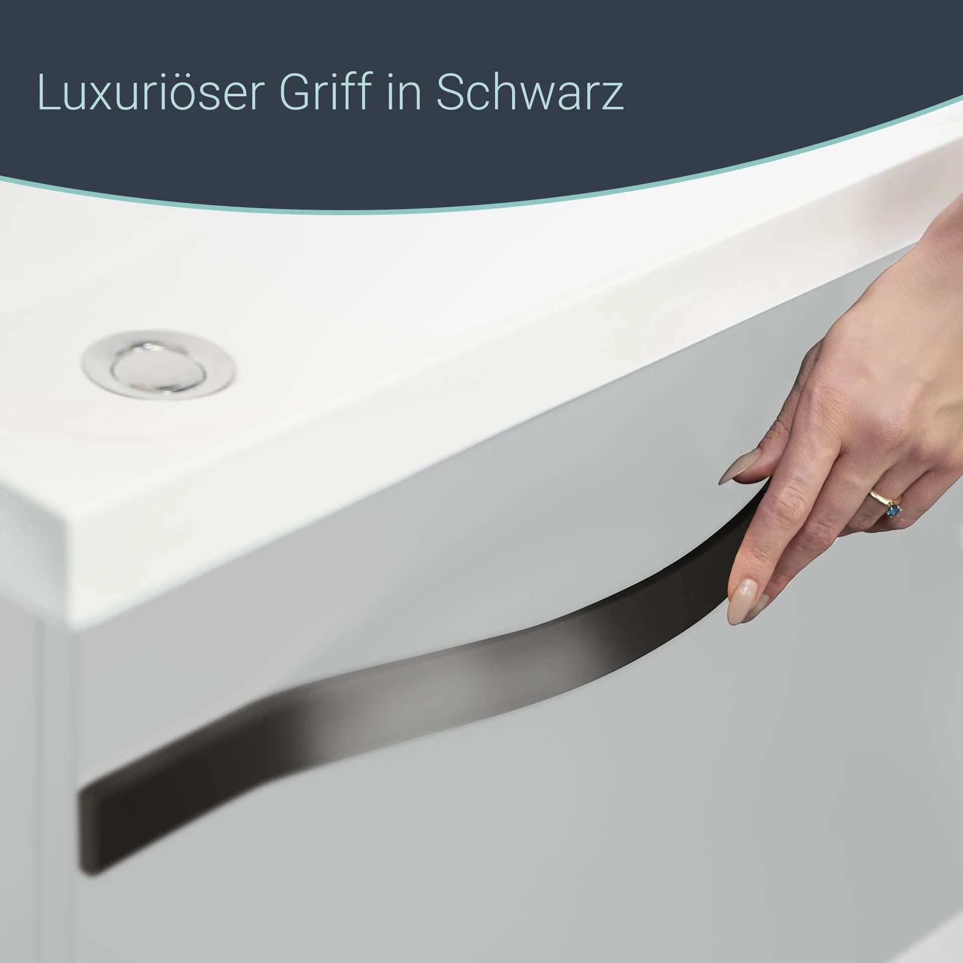 BADEDU FILS Waschbecken mit Unterschrank 69 cm breit, Weiß, Waschbecken Gussmarmor Weiß, Griff Schwarz