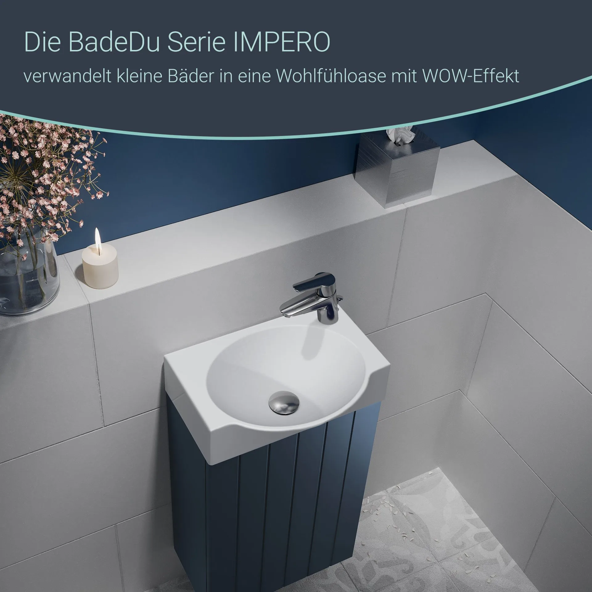 BADEDU IMPERO Gäste WC Waschtisch Set  40 cm breit, Blau, Waschbecken Keramik Weiß