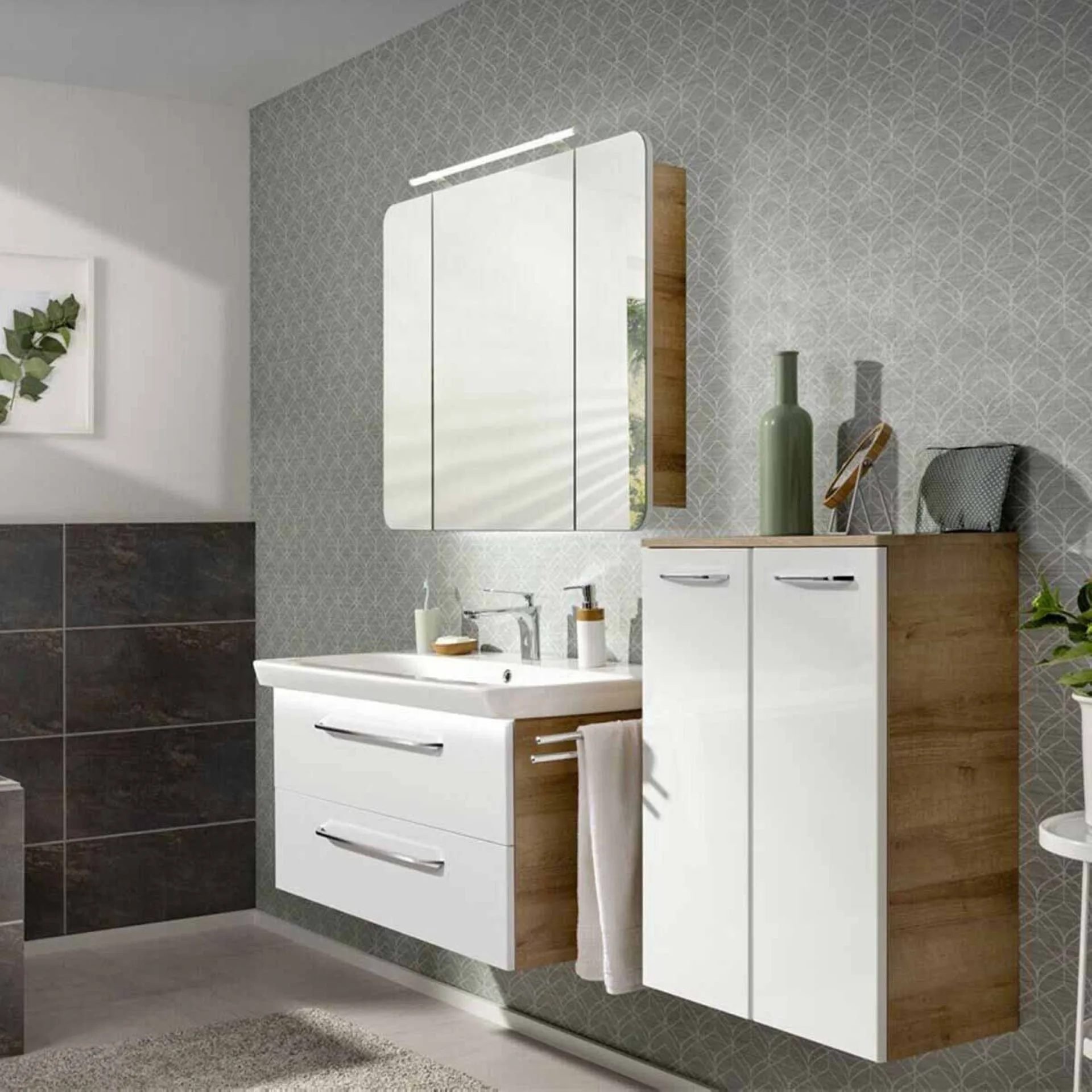 FACKELMANN MILANO Waschbecken mit Unterschrank 88 cm breit, Weiß/Braun hell, Waschbecken Keramik Weiß