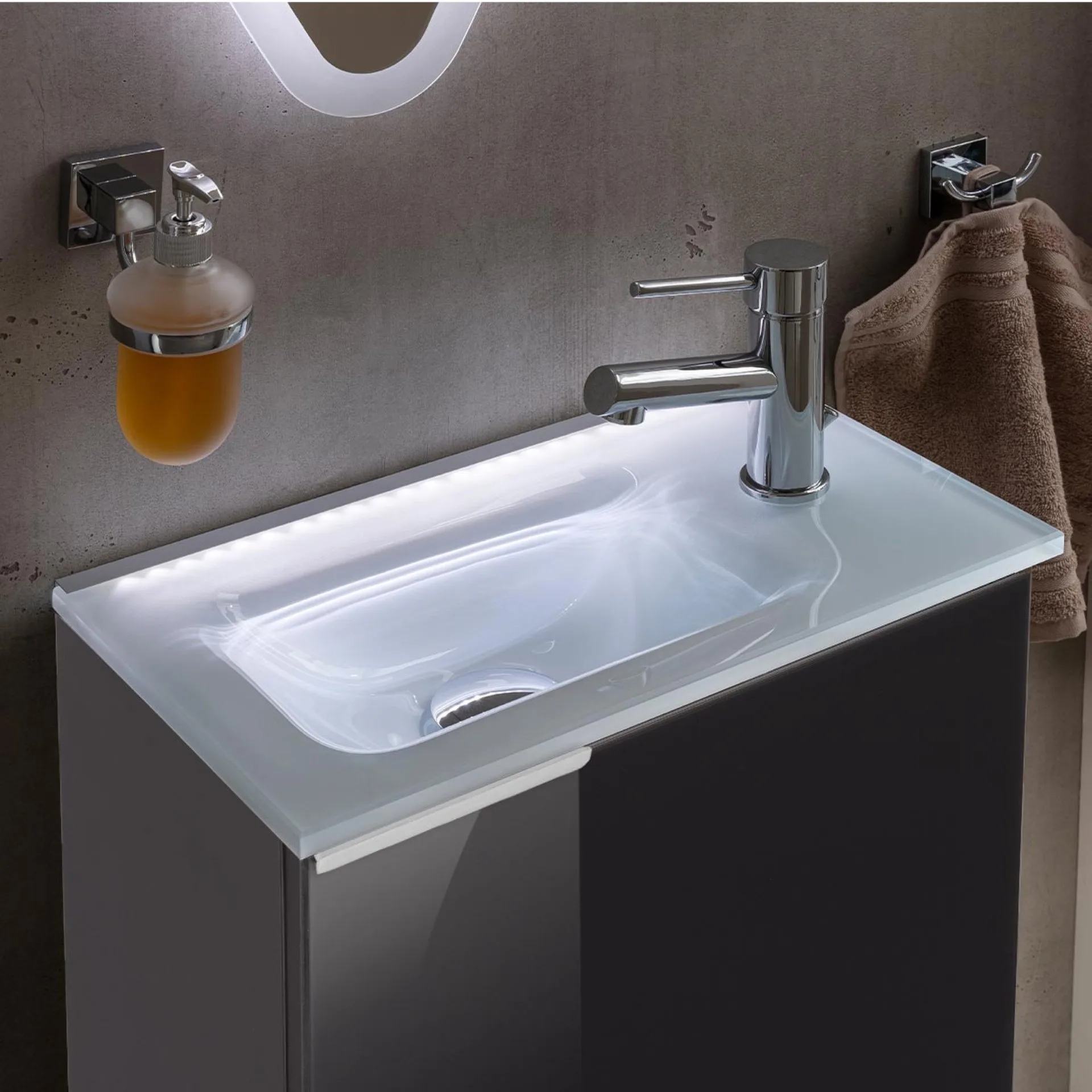 FACKELMANN SBC KARA Gäste WC Waschtisch Set 45 cm breit, Anthrazit, Waschbecken Glas Weiß, Türanschlag rechts + Waschbeckenbeleuchtung