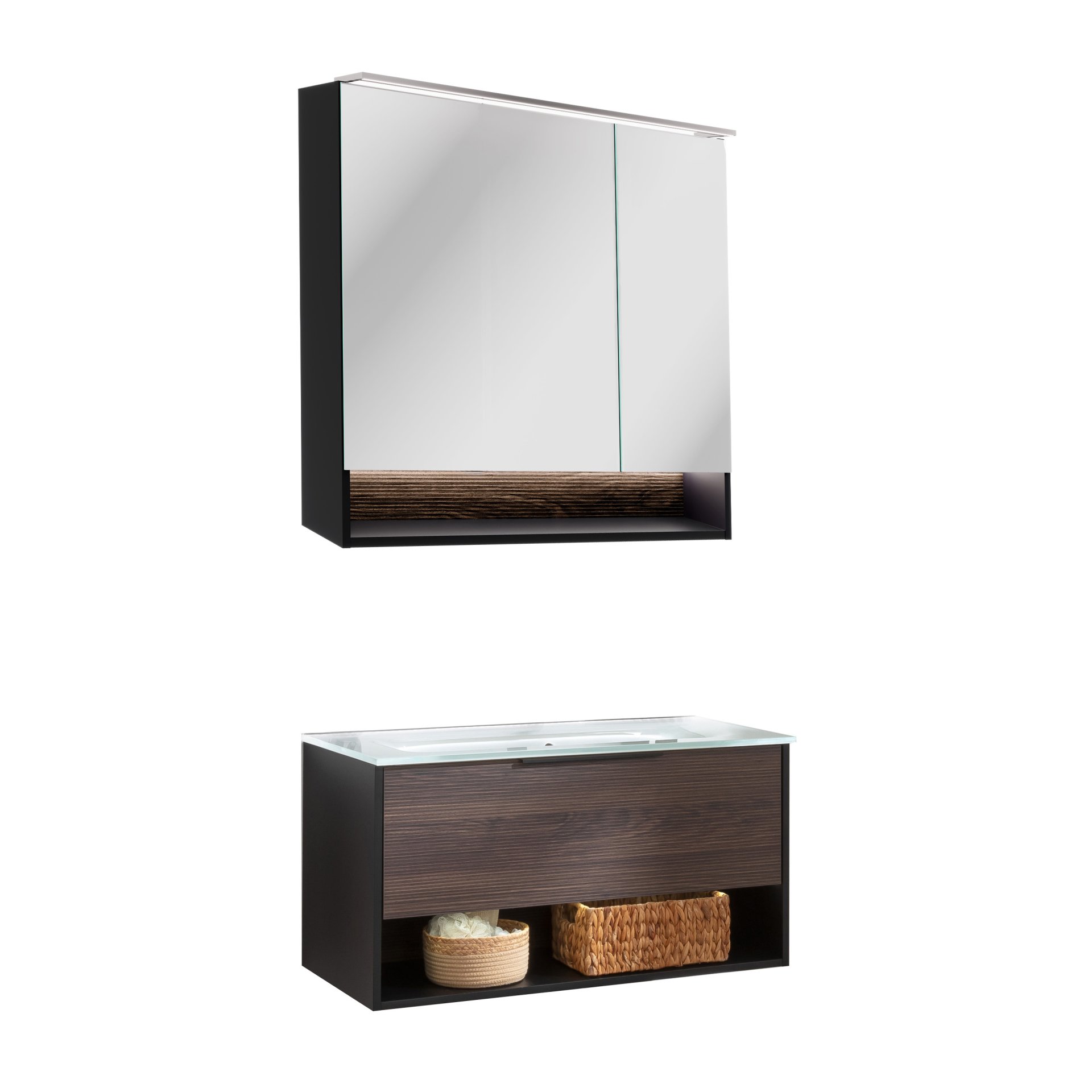 FACKELMANN B.PARIS Waschtisch Set mit Spiegelschrank 90 cm breit, Braun dunkel/Schwarz, Waschbecken Glas Weiß