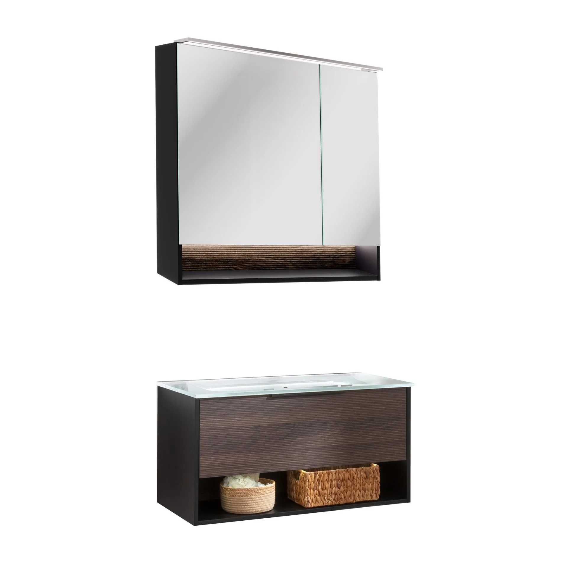 FACKELMANN B.PARIS Waschtisch Set mit Spiegelschrank 90 cm breit, Braun dunkel/Schwarz, Waschbecken Glas Weiß