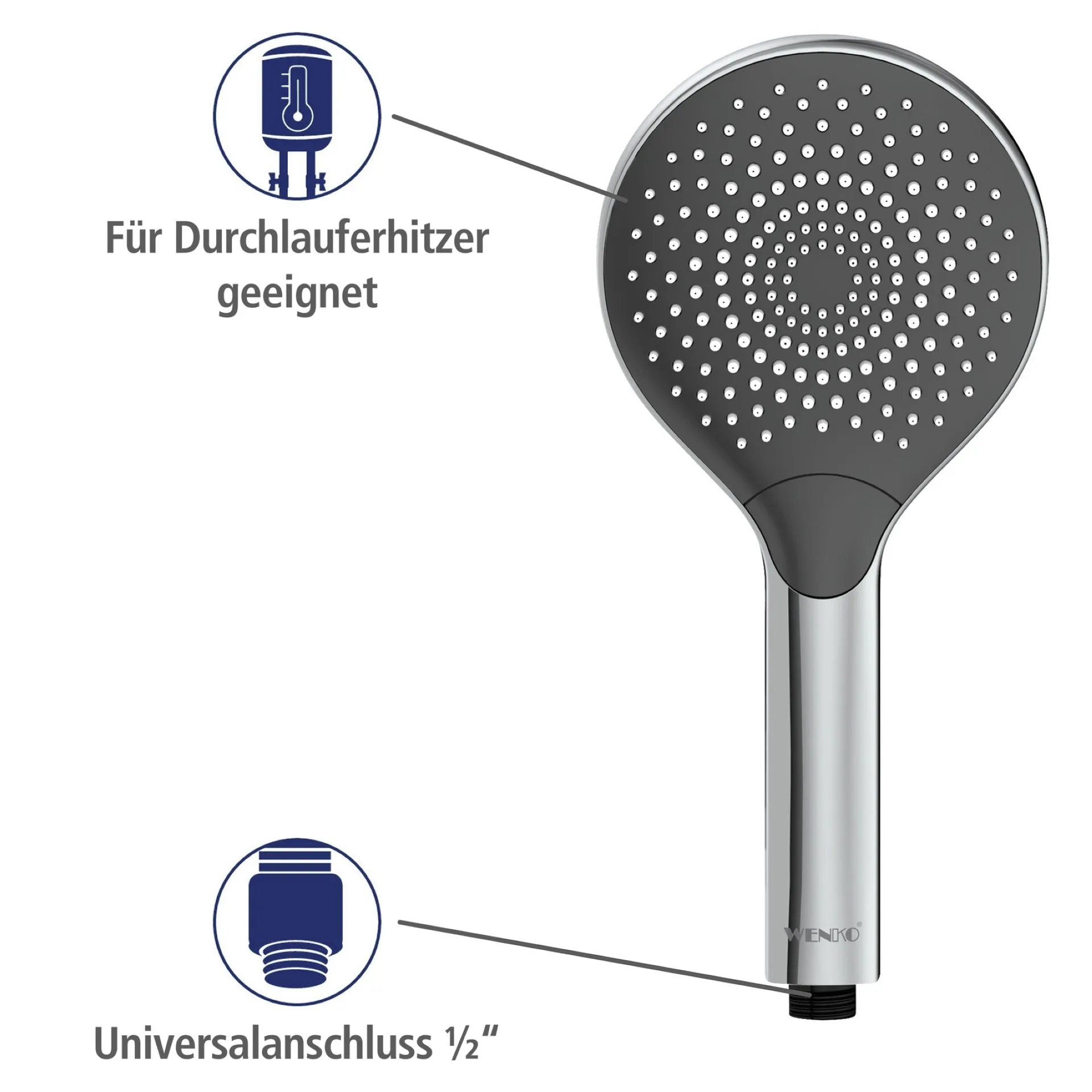 WENKO Duschkopf Ø 12 cm, Chrom/Grau, mit Wassersparsystem, 3 verschiedene Wasserstrahlarten