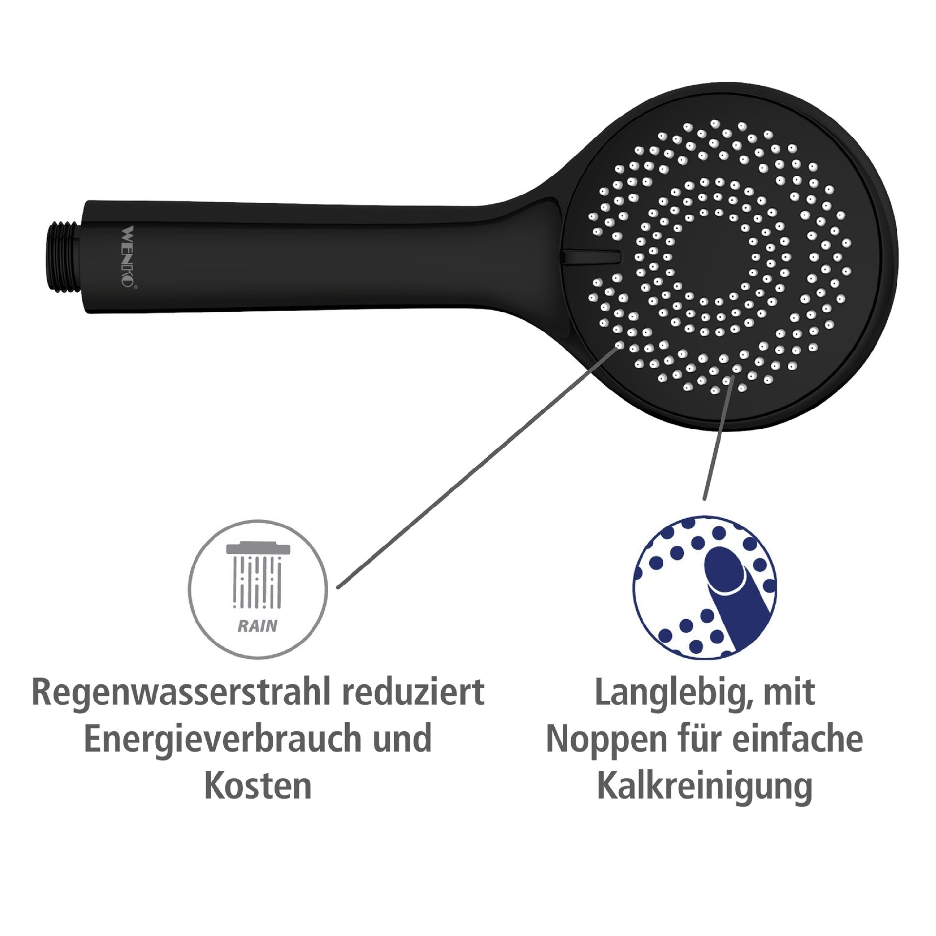 WENKO Duschkopf Ø 9,5 cm, Schwarz, mit Wassersparsystem, 3 verschiedene Wasserstrahlarten