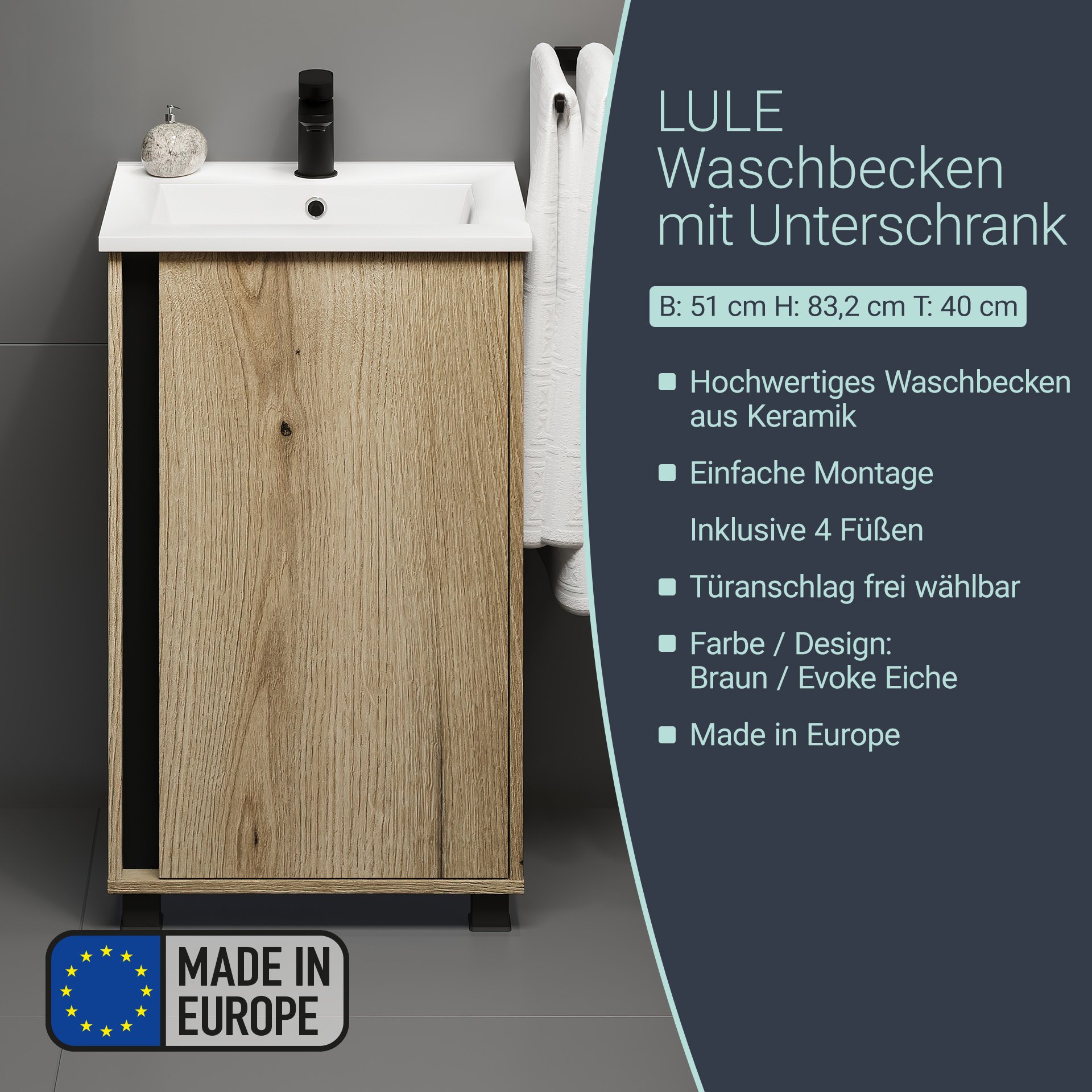 BADEDU LULE Gäste WC Waschtisch Set 51 cm breit, Braun, Waschbecken Keramik Weiß, mit Füßen