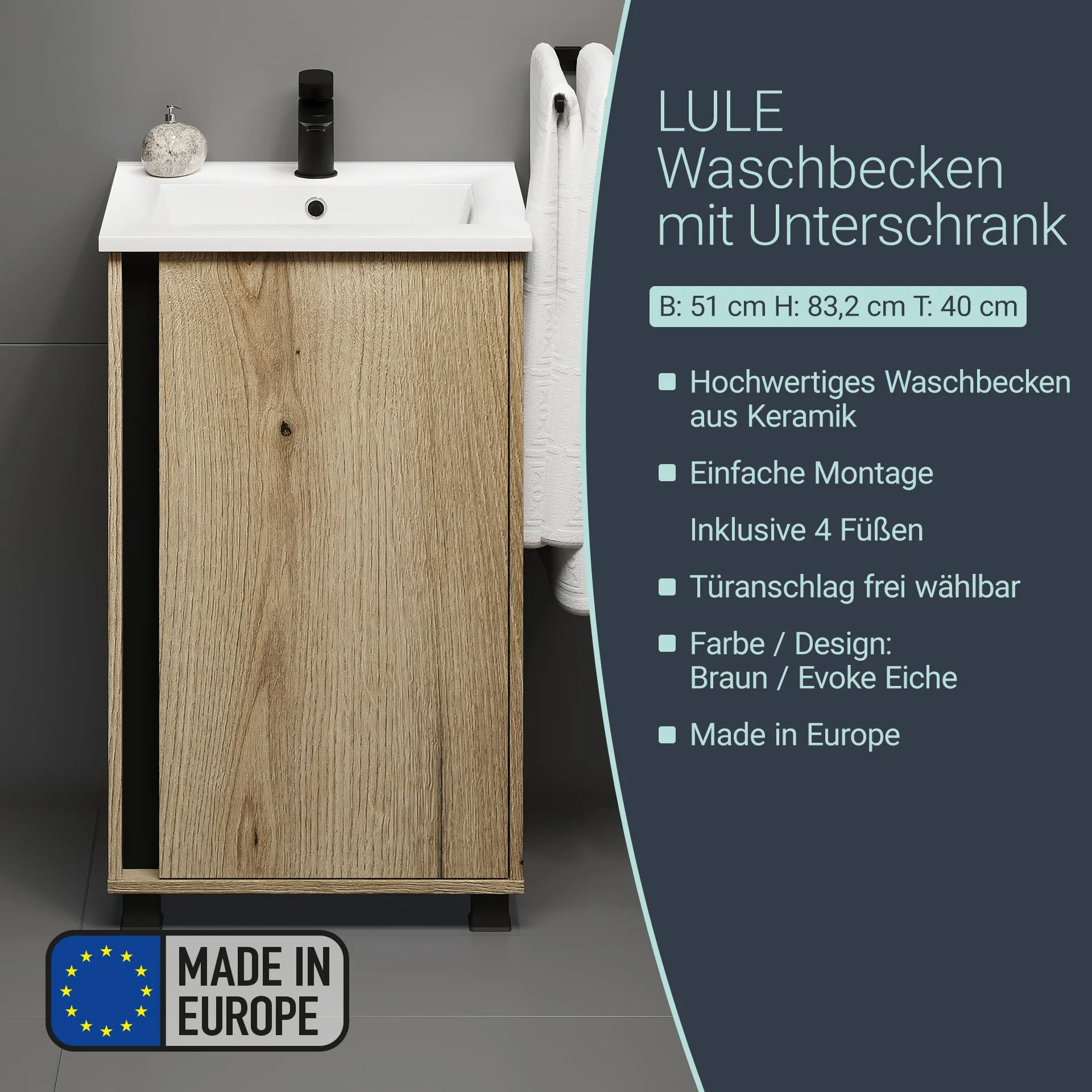BADEDU LULE Gäste WC Waschtisch Set 51 cm breit, Braun, Waschbecken Keramik Weiß, mit Füßen