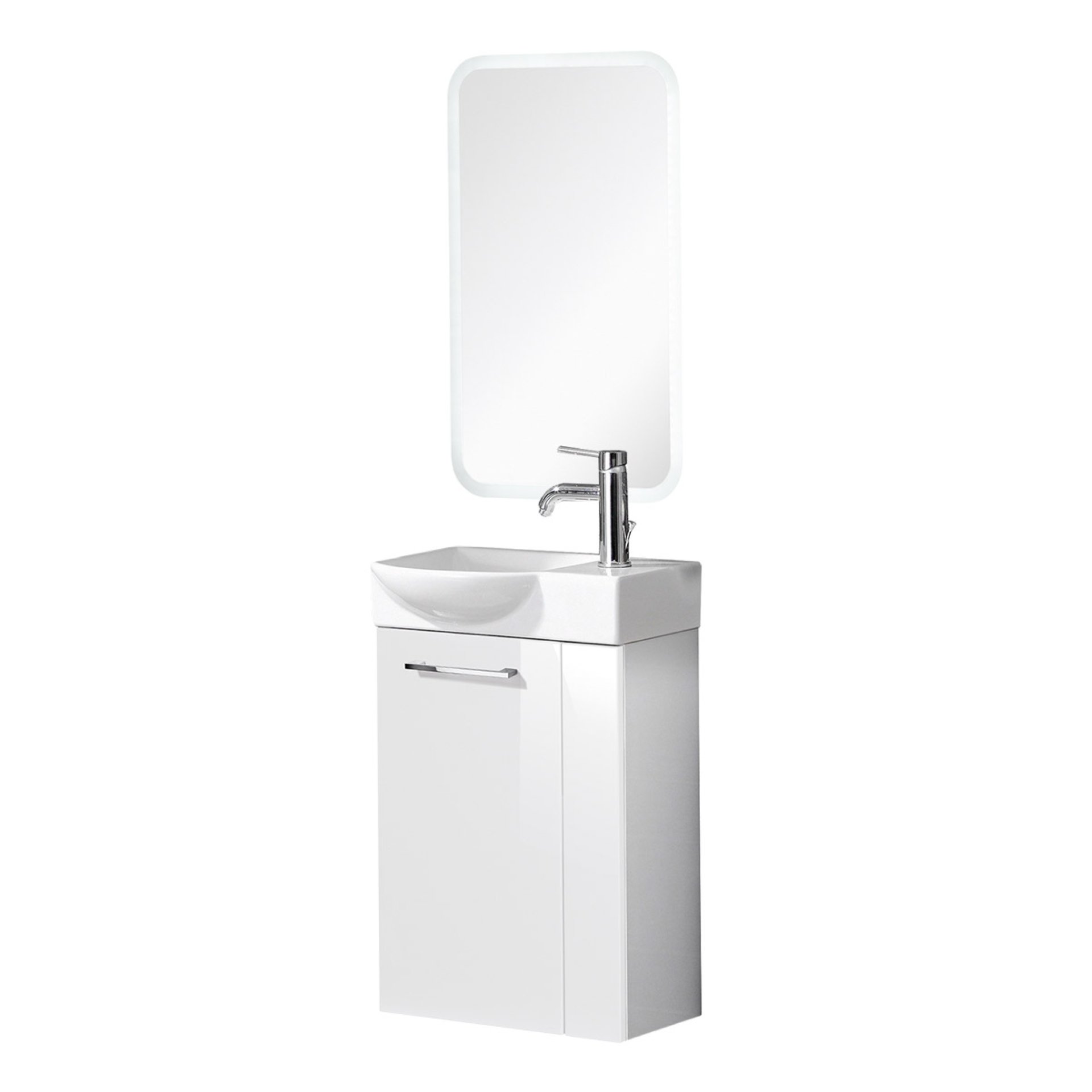 Fackelmann SBC SCENO Gäste WC Set 4-teilig 45 cm, Weiß, links, Keramik, LED-Spiegel inkl. Hahn rechts