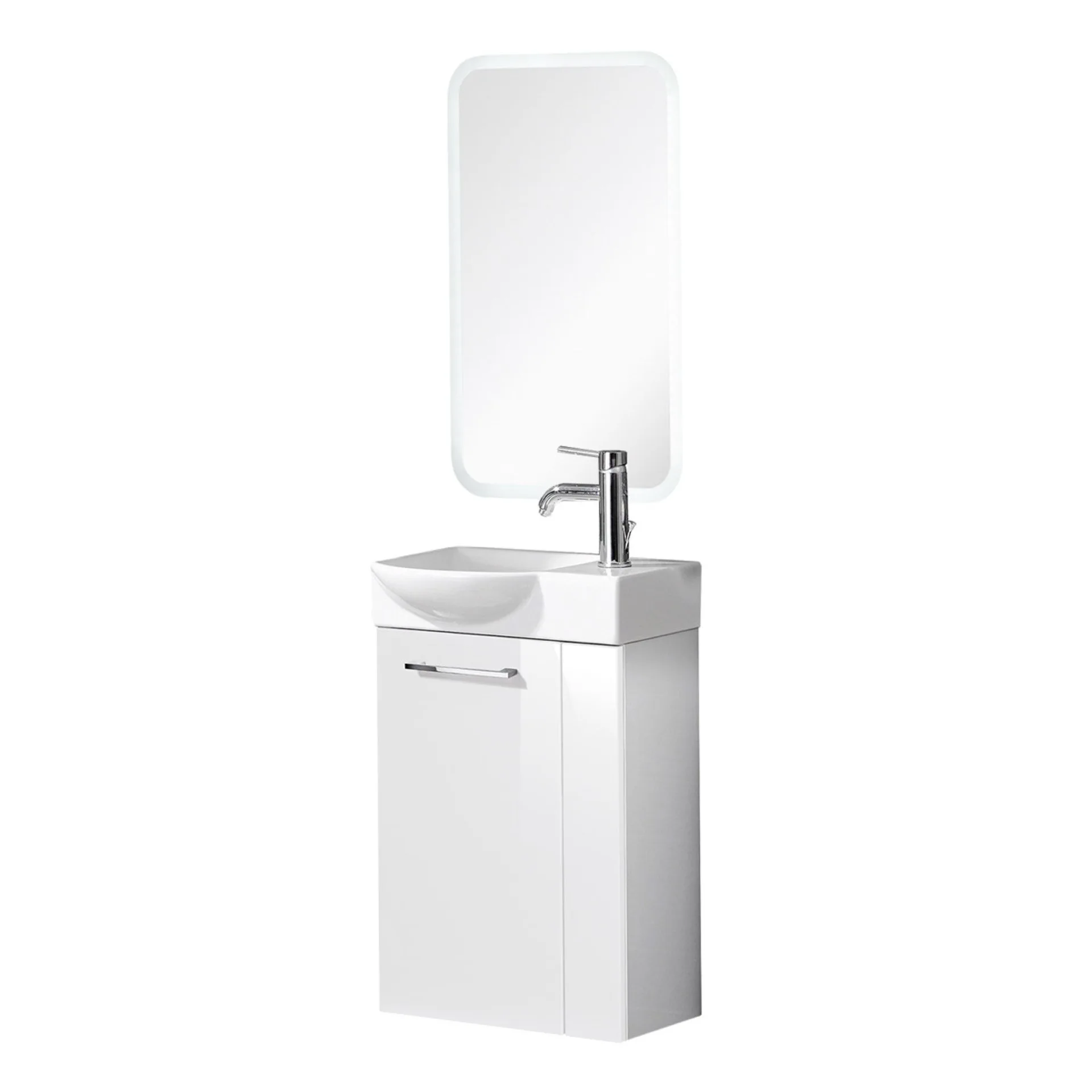 FACKELMANN SBC SCENO Gäste WC Waschtisch Set mit Spiegel 45 cm breit, Weiß, Waschbecken Keramik Weiß, Türanschlag links + Armatur