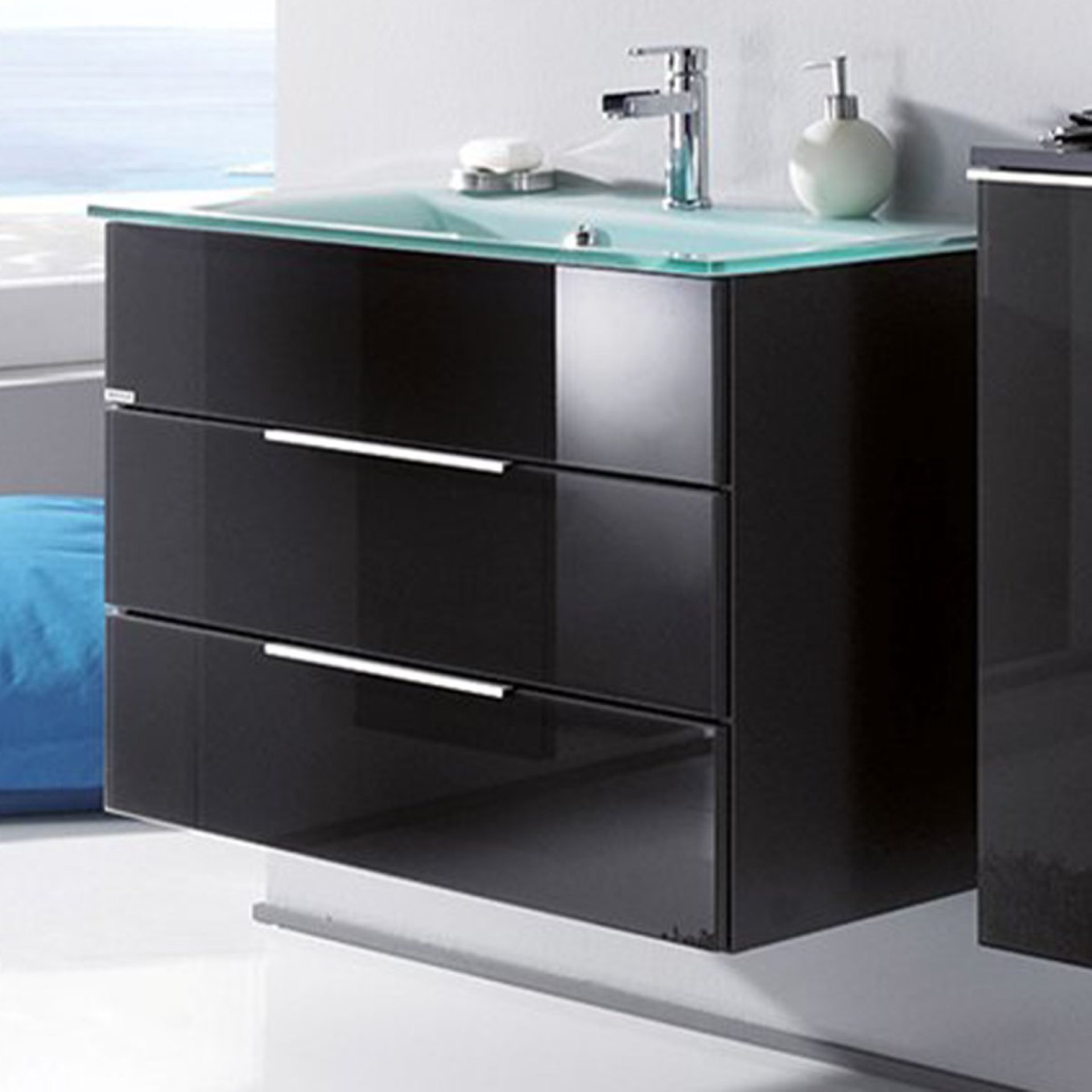 FACKELMANN KARA Waschbecken mit Unterschrank 80 cm breit, Anthrazit, Waschbecken Glas Mint, 2 Schubladen