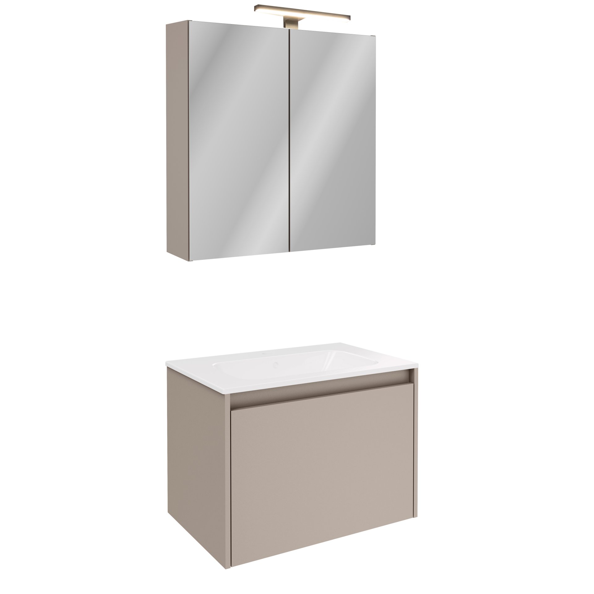 FACKELMANN COMPACT LINE Waschtisch Set mit Spiegelschrank 71 cm breit, Grau, Waschbecken Keramik Weiß, inklusive Aufsatzleuchte und Energie Box, 1 Schublade