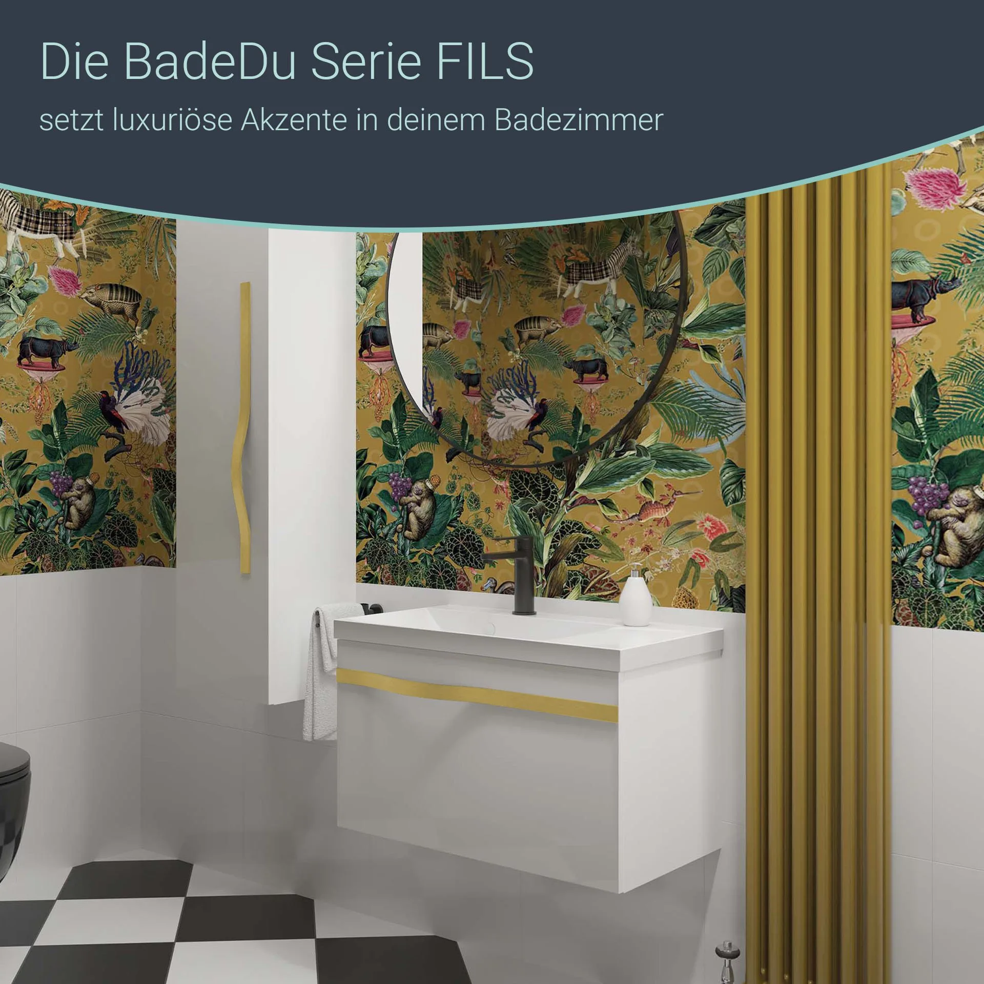 BADEDU FILS Waschbecken mit Unterschrank 69 cm breit, Weiß, Waschbecken Gussmarmor Weiß, Griff Gold