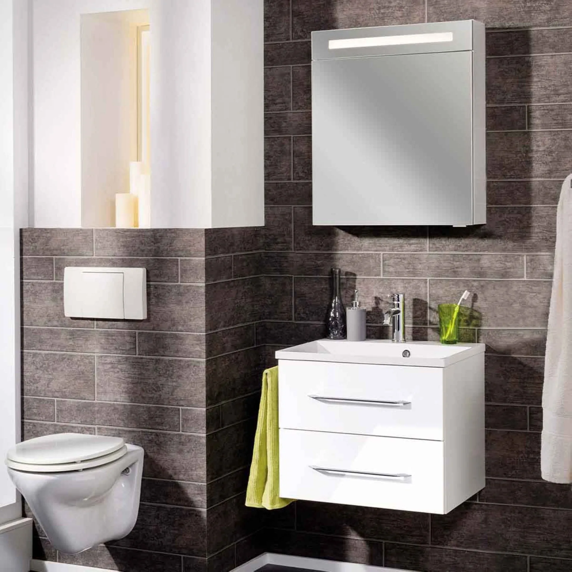 FACKELMANN B.CLEVER Waschtisch Set mit Spiegelschrank 60 cm breit, Weiß, Waschbecken Gussmarmor Weiß