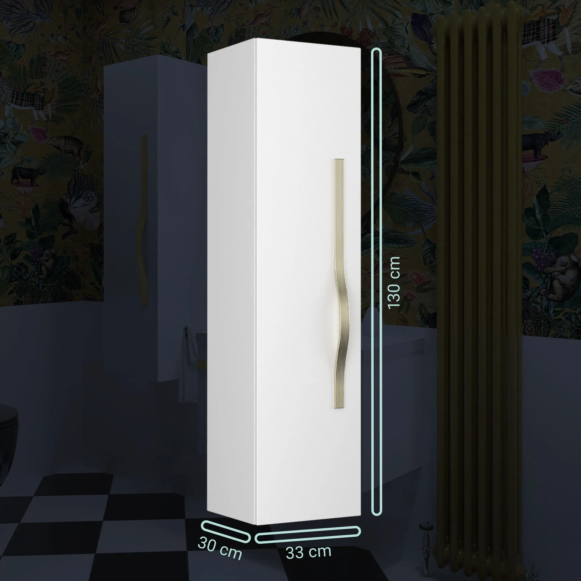 BADEDU FILS Hochschrank 33 cm breit, Weiß, Griff Silber