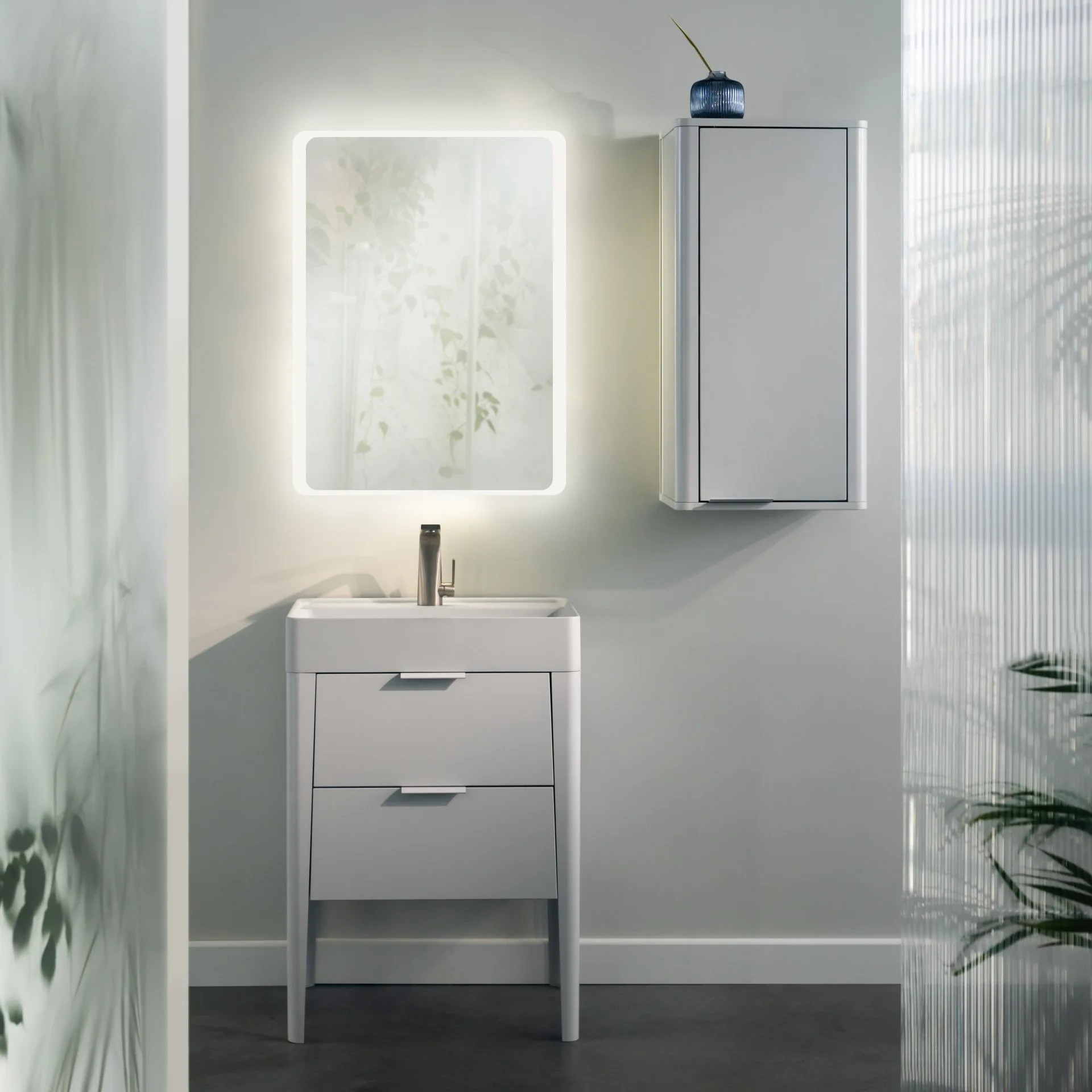 BADEDU SORA Waschbecken mit Unterschrank 60 cm breit, Weiß matt, Waschbecken Quarzkomposit Weiß, aus Aluminium, mit Füßen