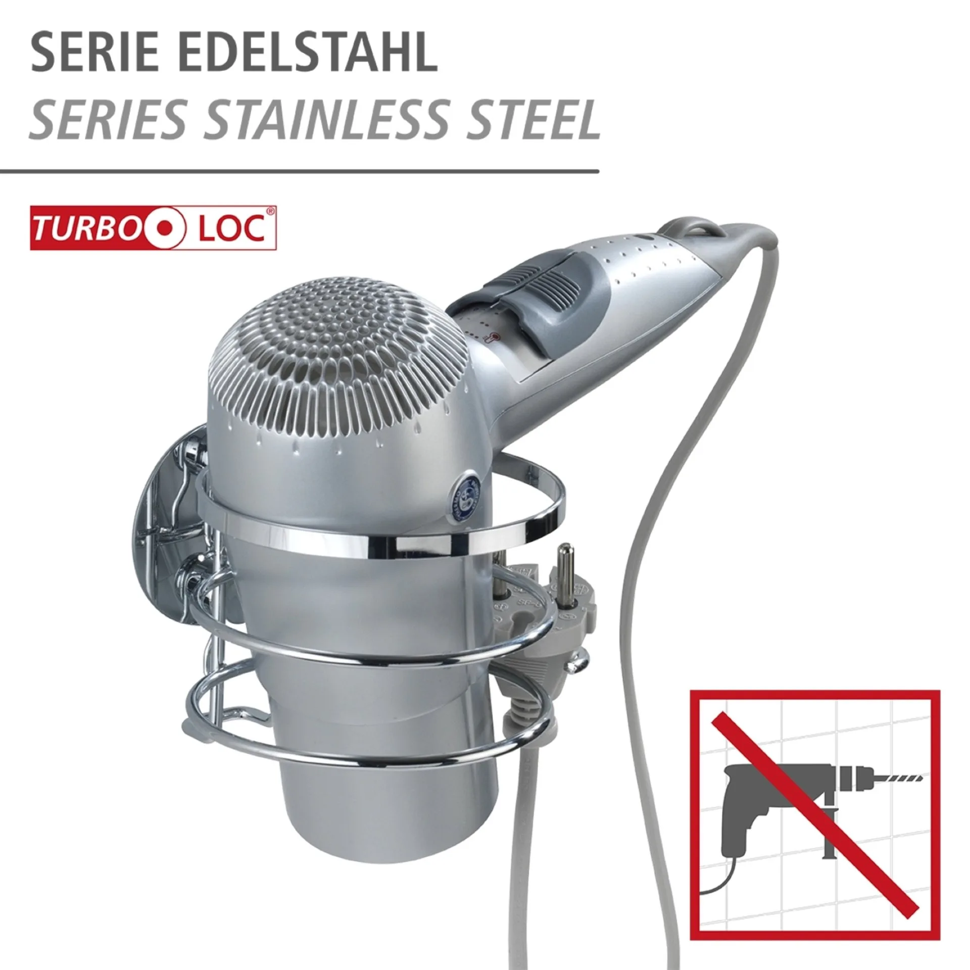 WENKO TURBO LOC Fönhalter, Chrom, Befestigen ohne Bohren