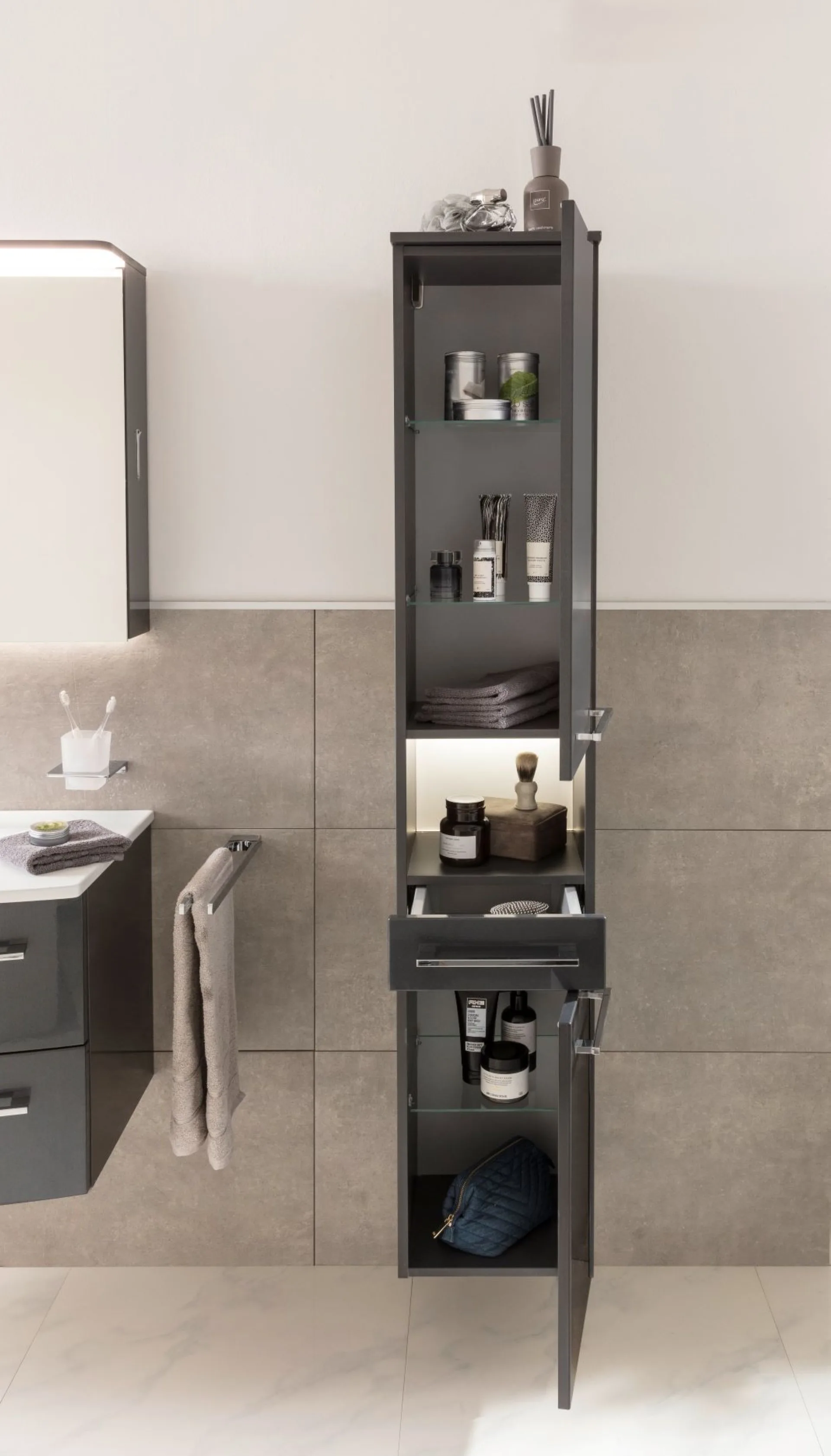 LANZET Hochschrank 30 cm breit, Anthrazit, Türanschlag rechts + Schublade + Nische
