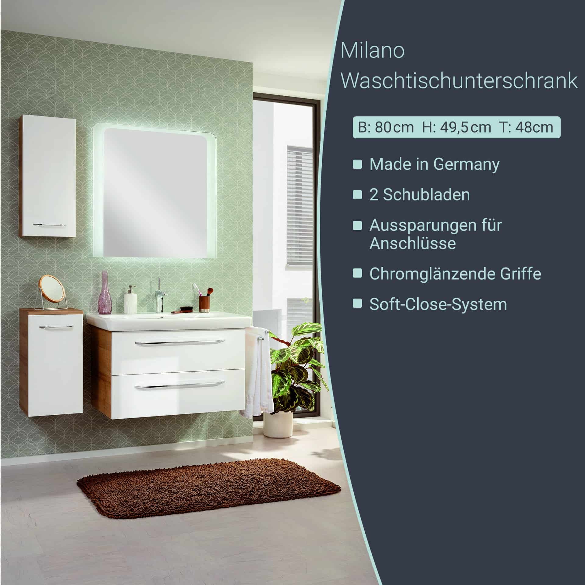 Fackelmann MILANO Waschbeckenunterschrank 80 cm, Braun hell/Weiß