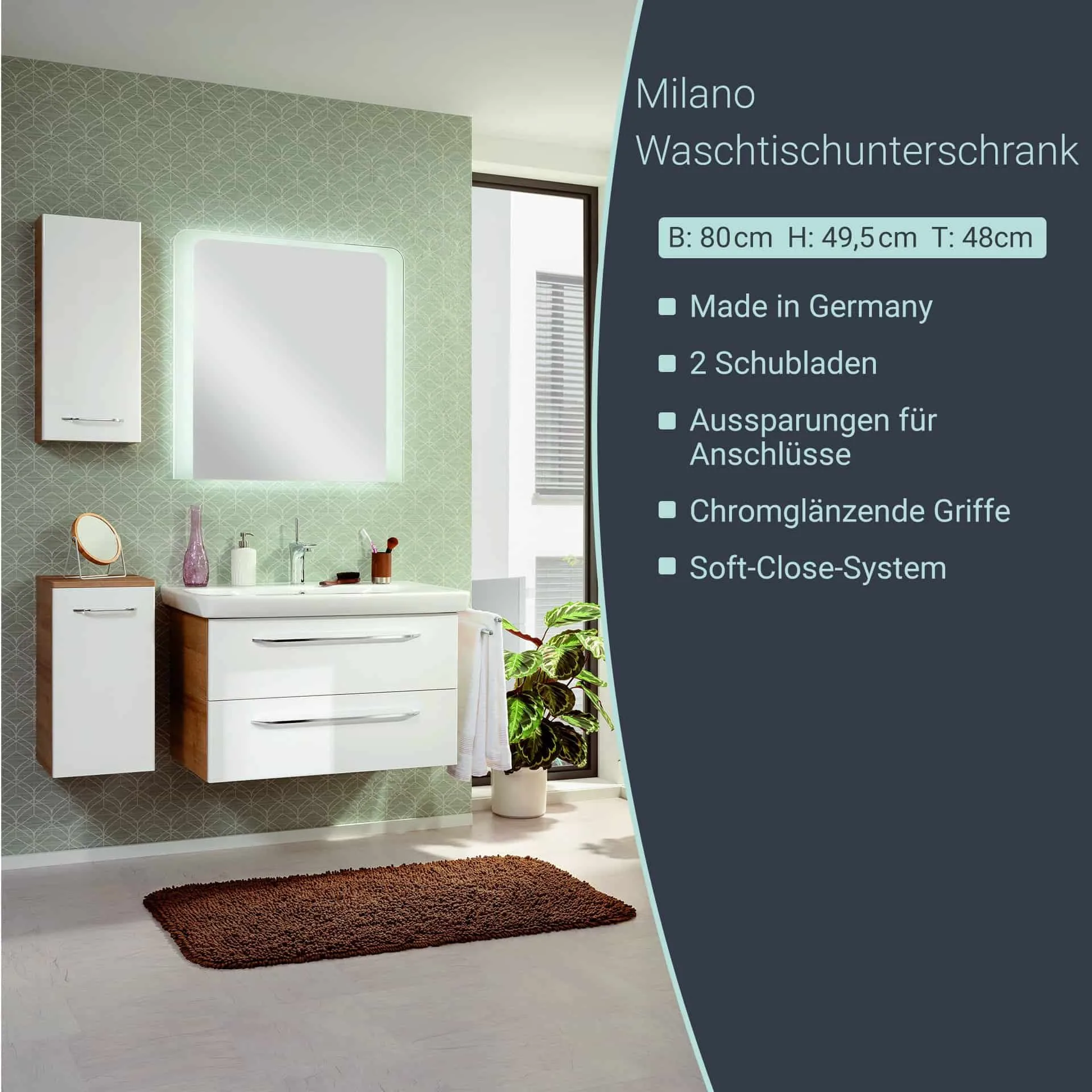 FACKELMANN MILANO Waschbeckenunterschrank 80 cm breit, Weiß/Braun hell