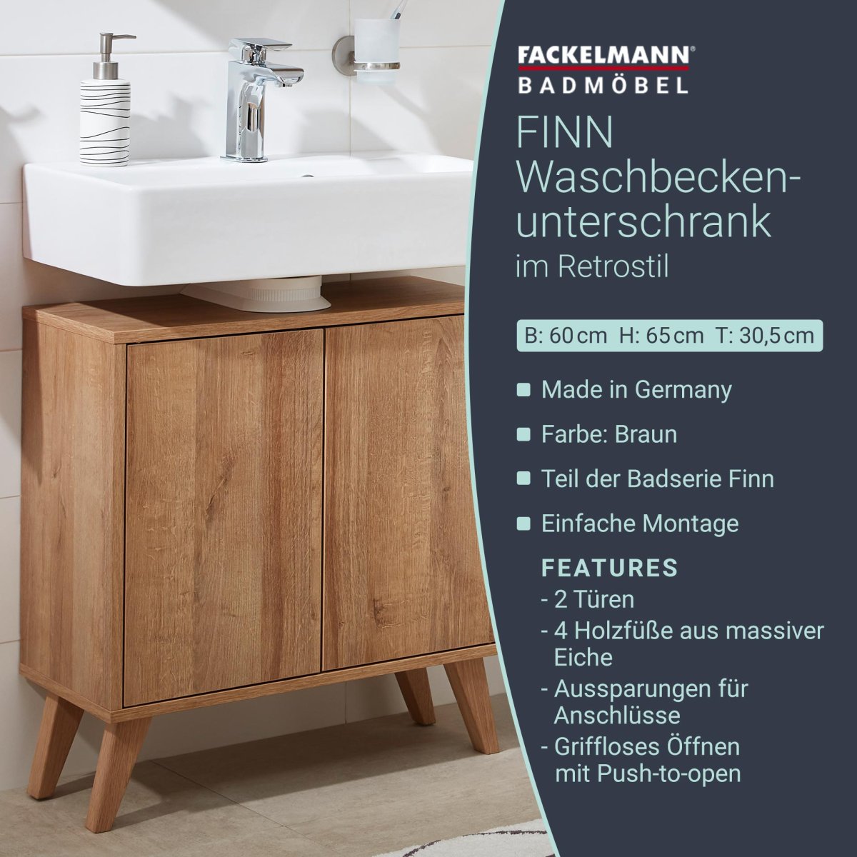 FACKELMANN FINN Waschbeckenunterschrank 60 cm breit, Braun hell + Holzfüße