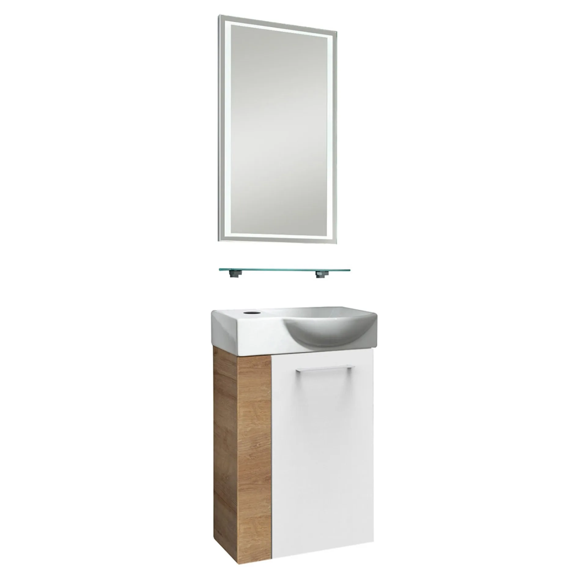 FACKELMANN SBC MILANO Gäste WC Waschtisch Set mit Spiegel 45 cm breit, Weiß/Braun hell, Waschbecken Keramik Weiß, Türanschlag rechts + Glasablage