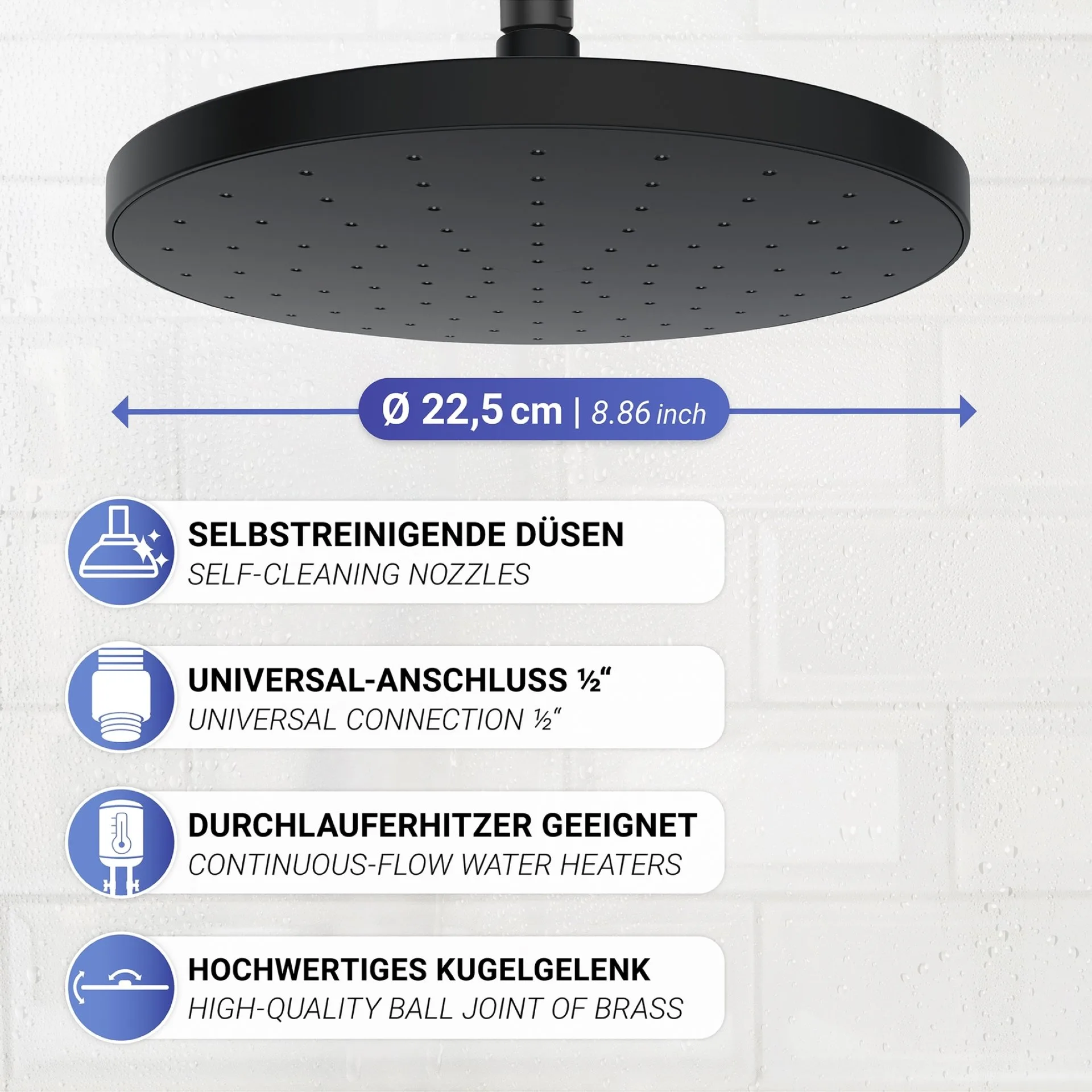 WENKO Duschkopf Regendusche Ø 22,5 cm, Schwarz, mit Automatischer Reinigungsfunktion