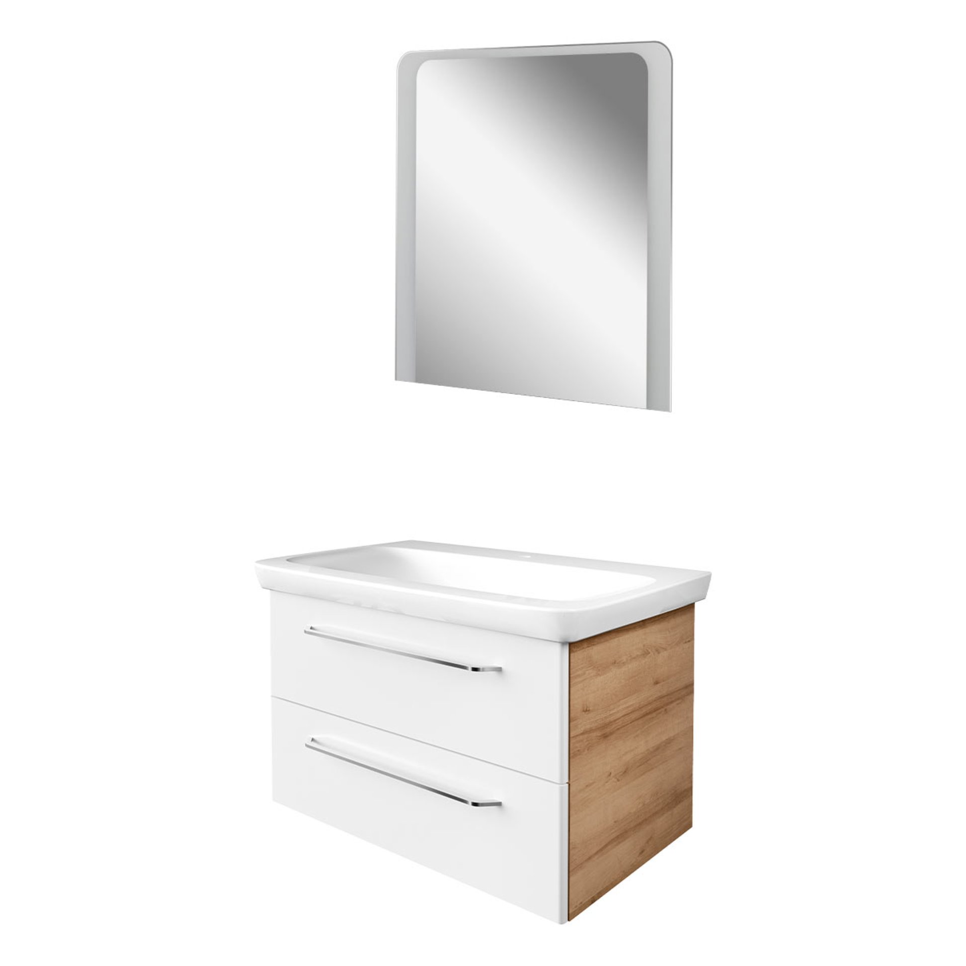 FACKELMANN MILANO Waschtisch Set mit Spiegel 88 cm breit, Braun hell/Weiß, Waschbecken Keramik