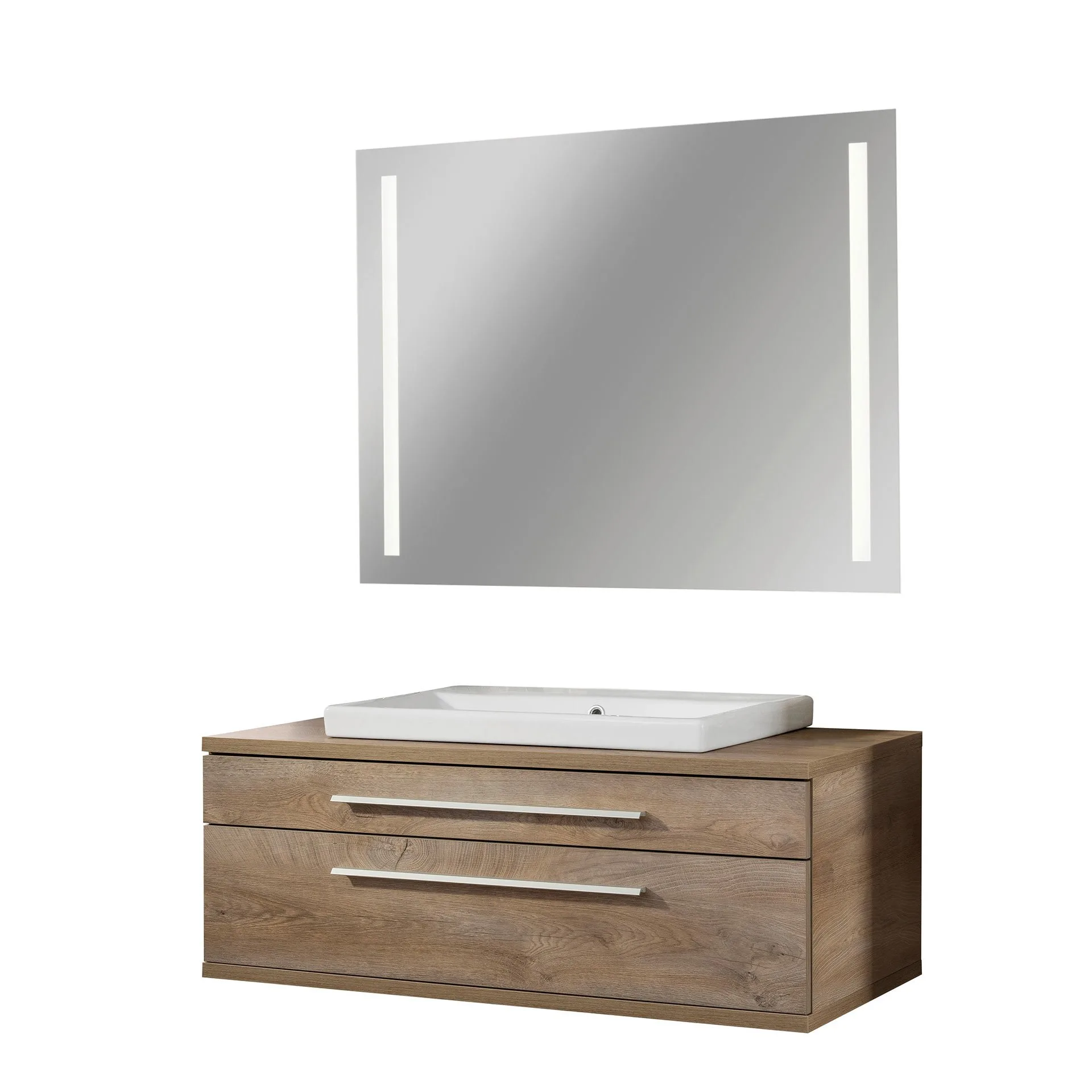 Fackelmann STANFORD Badmöbel Set 3-teilig,110 cm breit, Braun, Keramik + LED-Spiegel