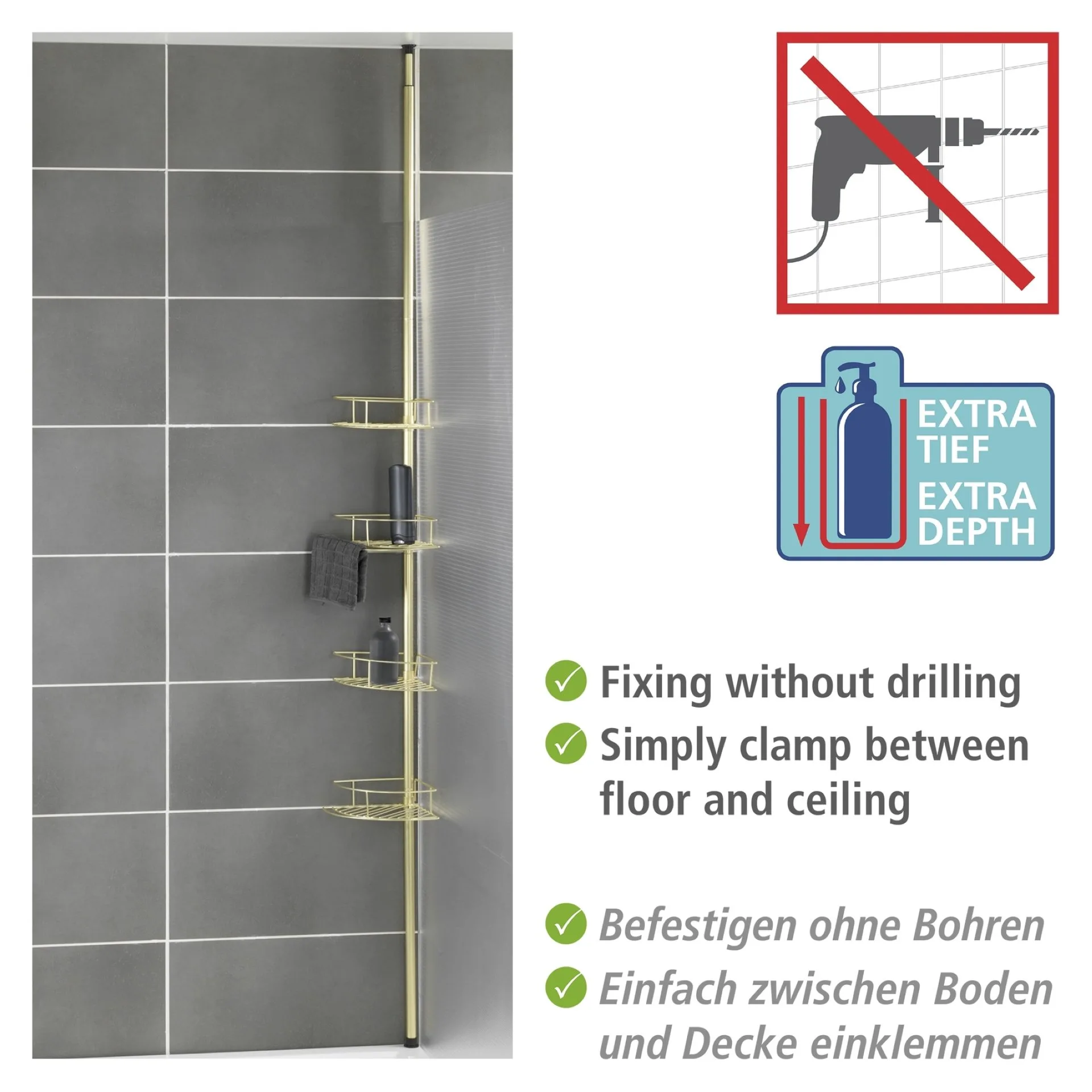WENKO DOLCEDO Dusch Eckablage, Gold matt, 4 Etagen, Edelstahl rostfrei, zum Einklemmen