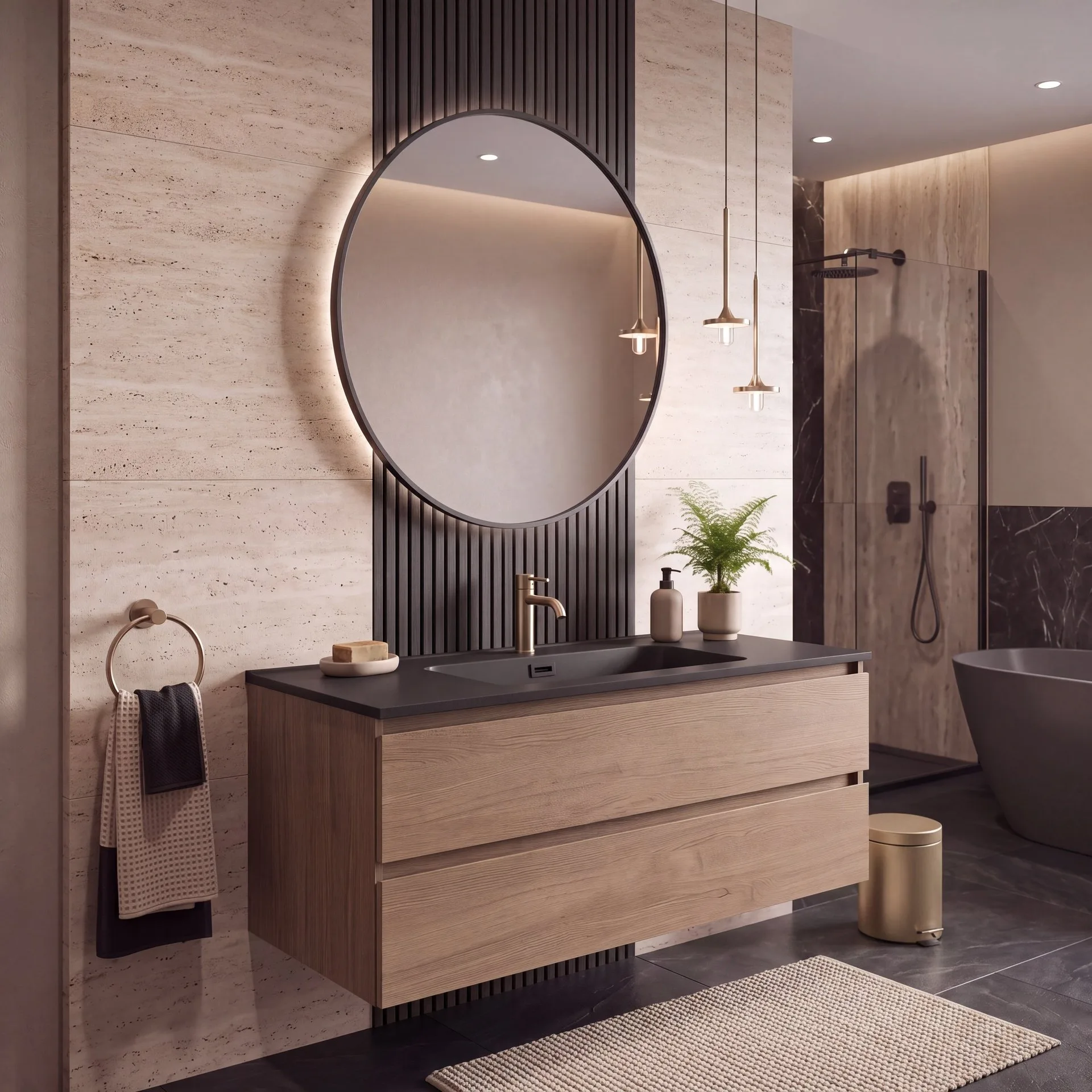 BADEDU NERO Waschbecken 101 cm breit, Schwarz matt, Gussmarmor