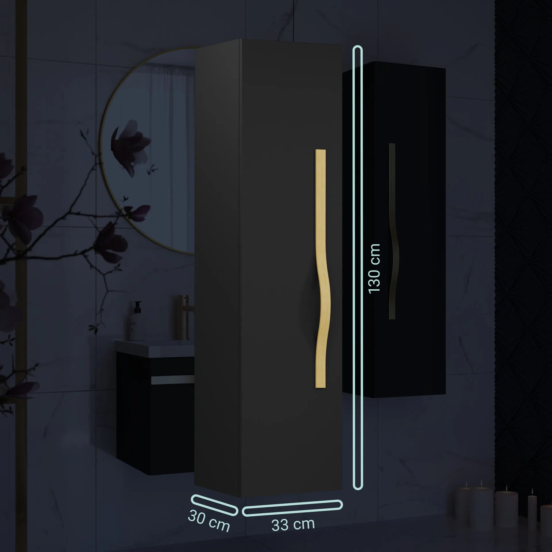 BADEDU FILS Hochschrank 33 cm breit, Schwarz, Griff Gold