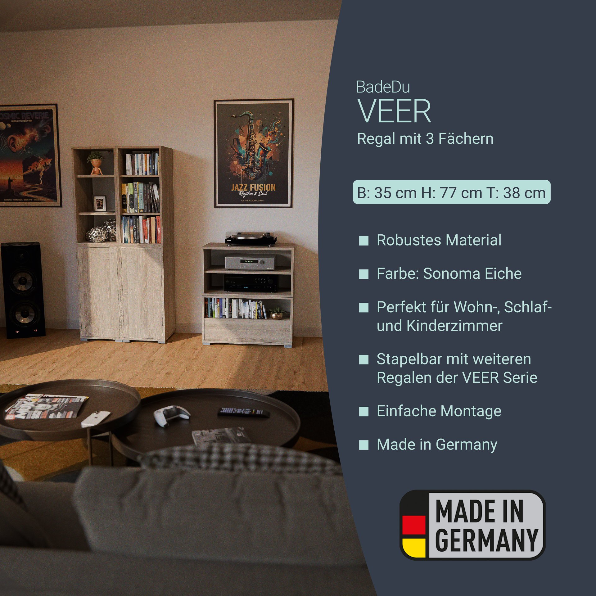 BADEDU VEER Regal 35 cm breit, Braun, 3 Fächer