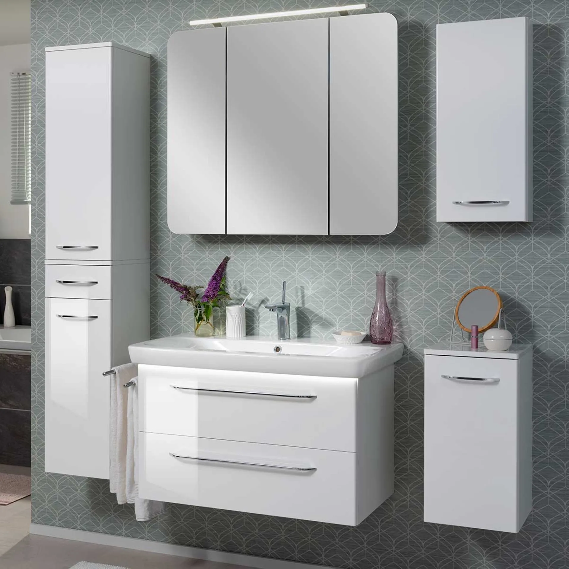 FACKELMANN MILANO Badmöbel Set 4-teilig 88 cm breit, Weiß, Waschbecken Keramik Weiß + LED Spiegelschrank + Hochschrank