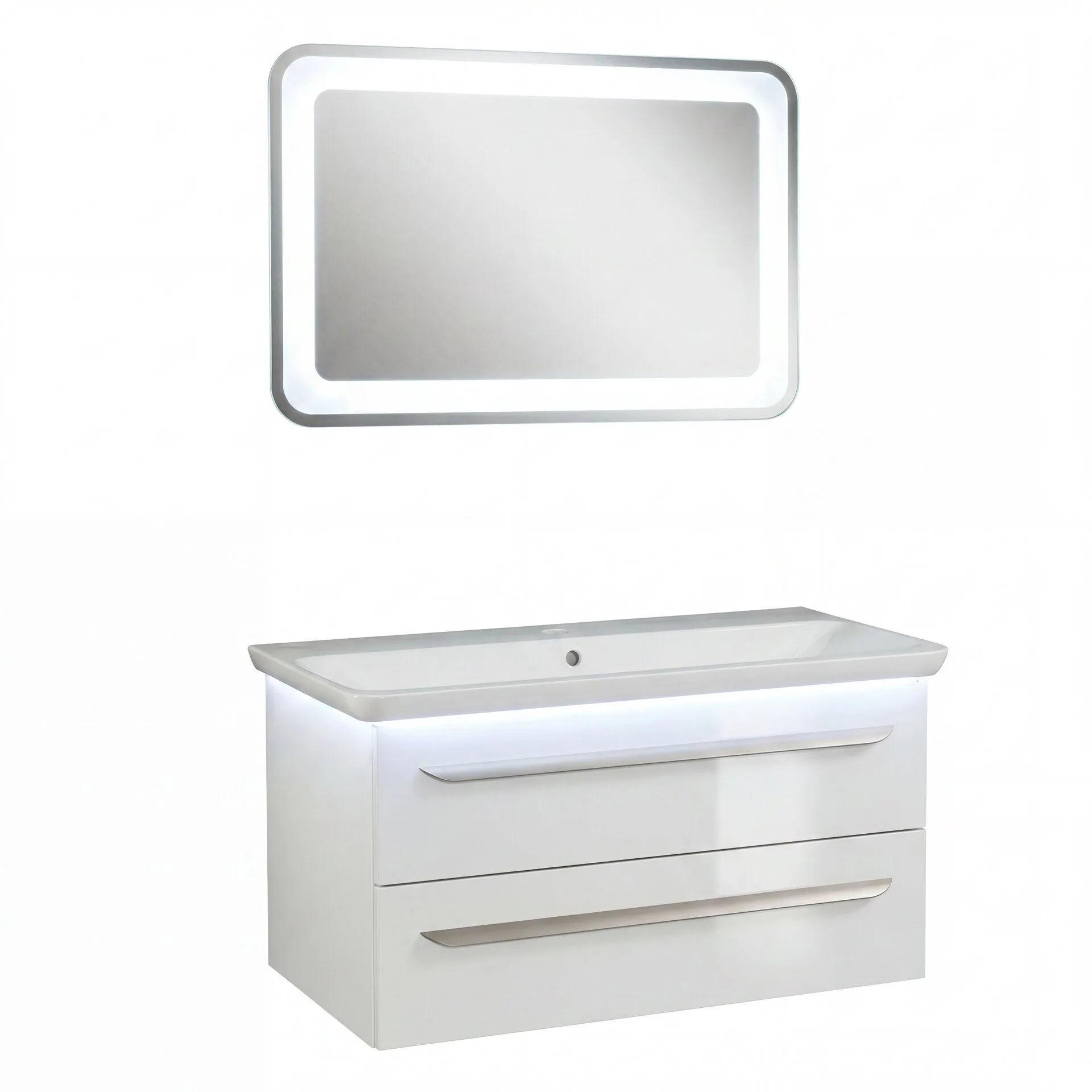 LANZET M9 Waschtisch Set mit Spiegel 100 cm breit, Weiß, Waschbecken Gussmarmor Weiß + Waschbeckenbeleuchtung