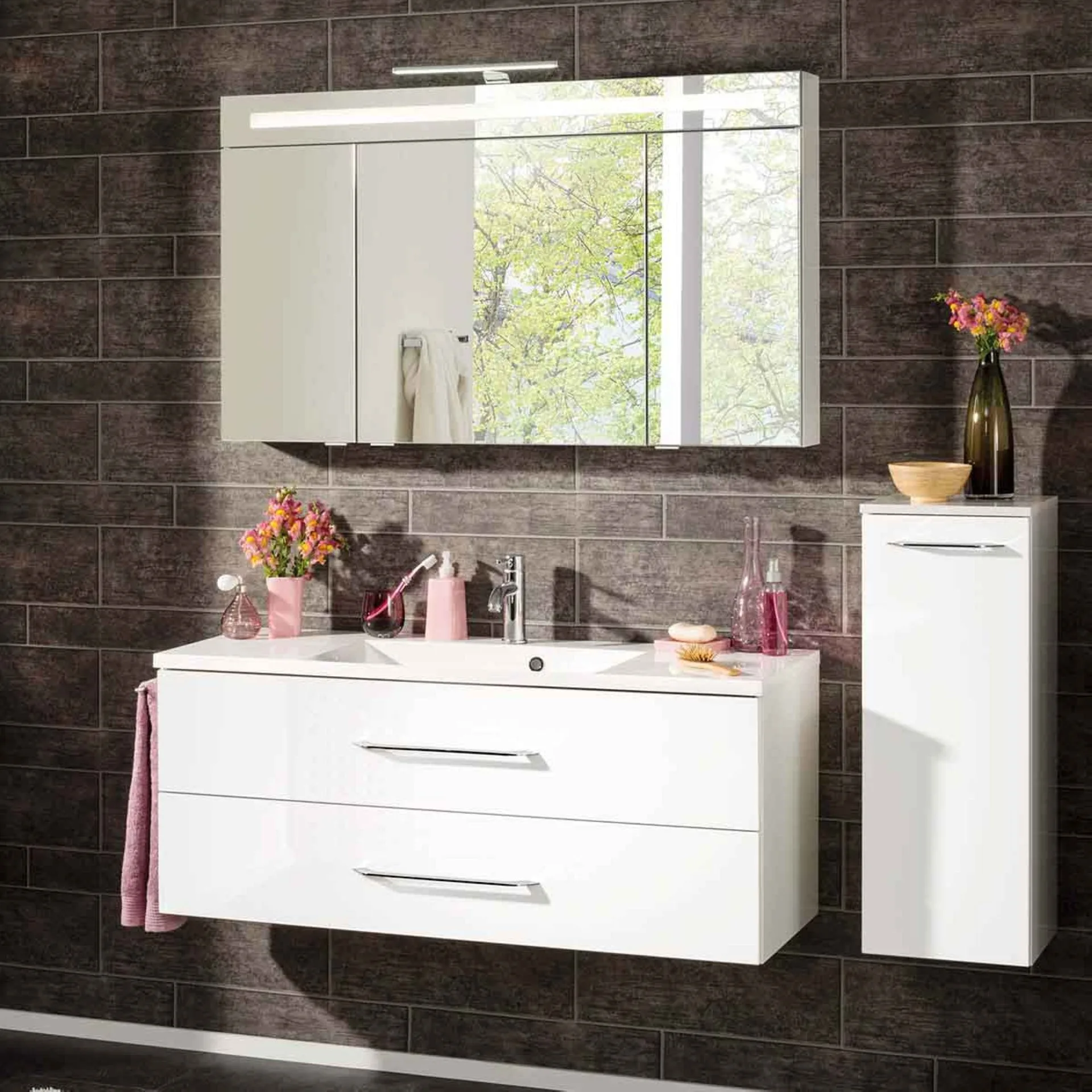 FACKELMANN B.CLEVER Waschtisch Set mit Spiegelschrank 120 cm breit, Weiß, Waschbecken Gussmarmor Weiß