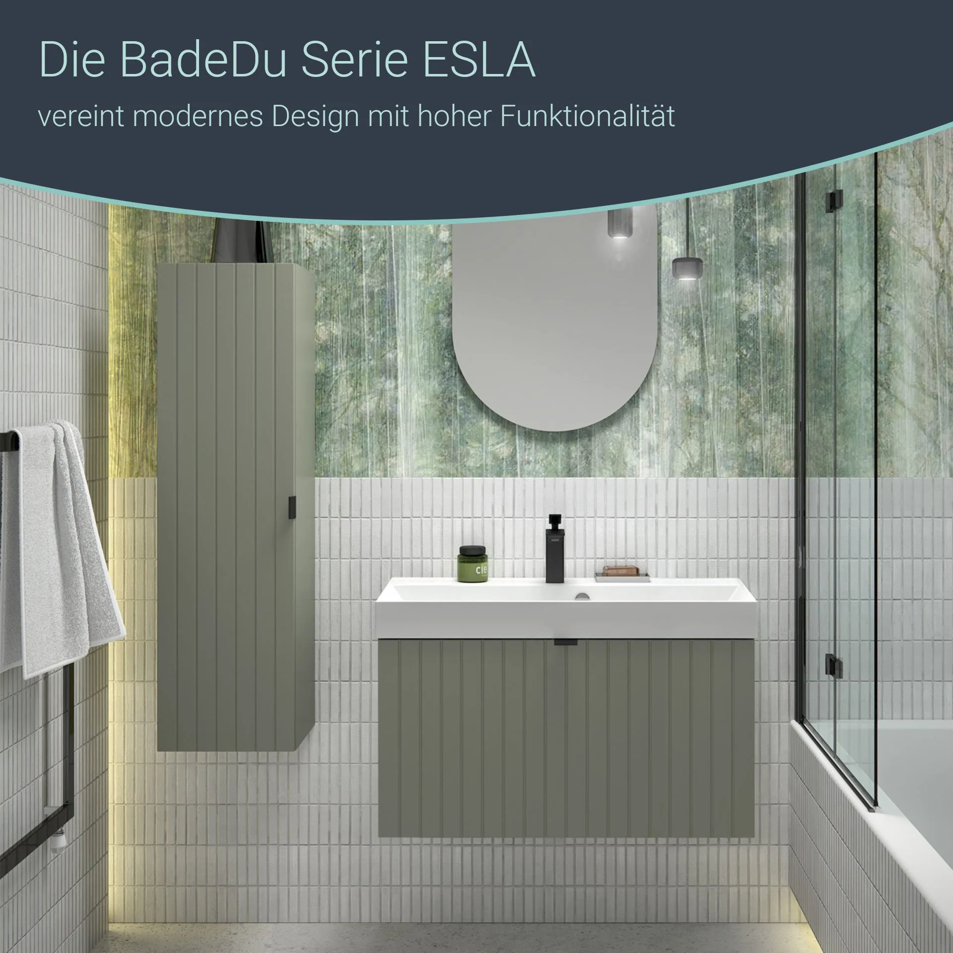 BADEDU ESLA Waschbecken mit Unterschrank 79 cm breit, Grün, Waschbecken Gussmarmor Weiß