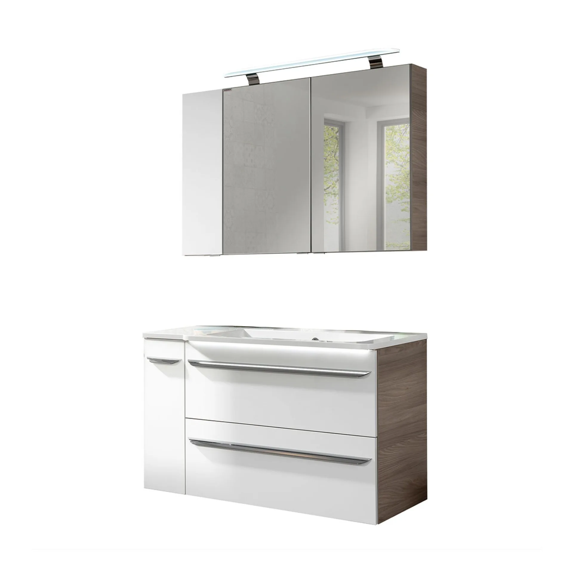 FACKELMANN LUXOR Badmöbel Set 5-teilig 100 cm breit, Weiß/Braun hell, Waschbecken Gussmarmor Weiß + LED Spiegelschrank + Unterschrank + Hängeschrank Türanschlag links