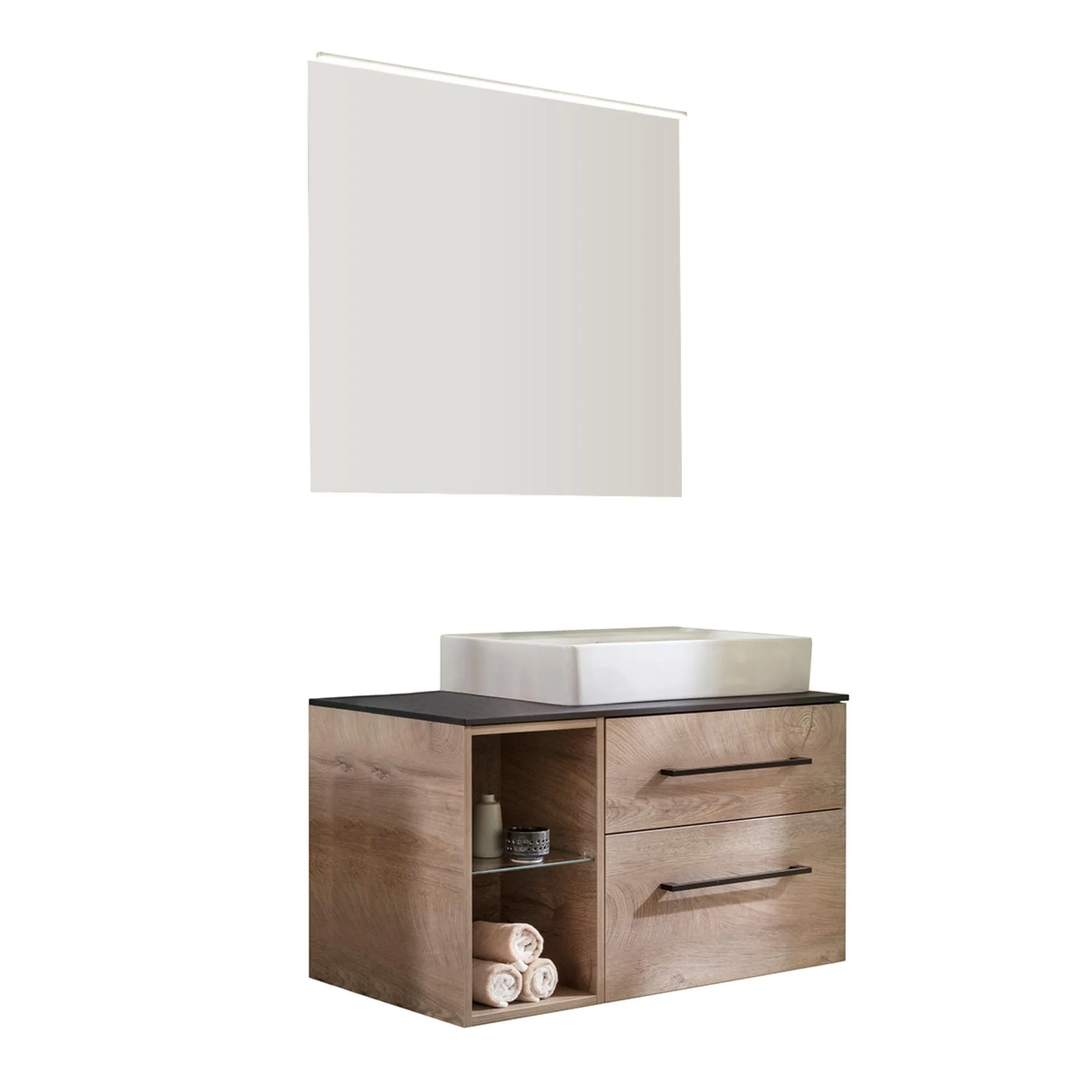 FACKELMANN OXFORD Badmöbel Set 6-teilig 90 cm breit, Braun hell, Aufsatzwaschbecken Keramik Weiß + Waschtischplatte + Spiegel + Regal + Leuchte
