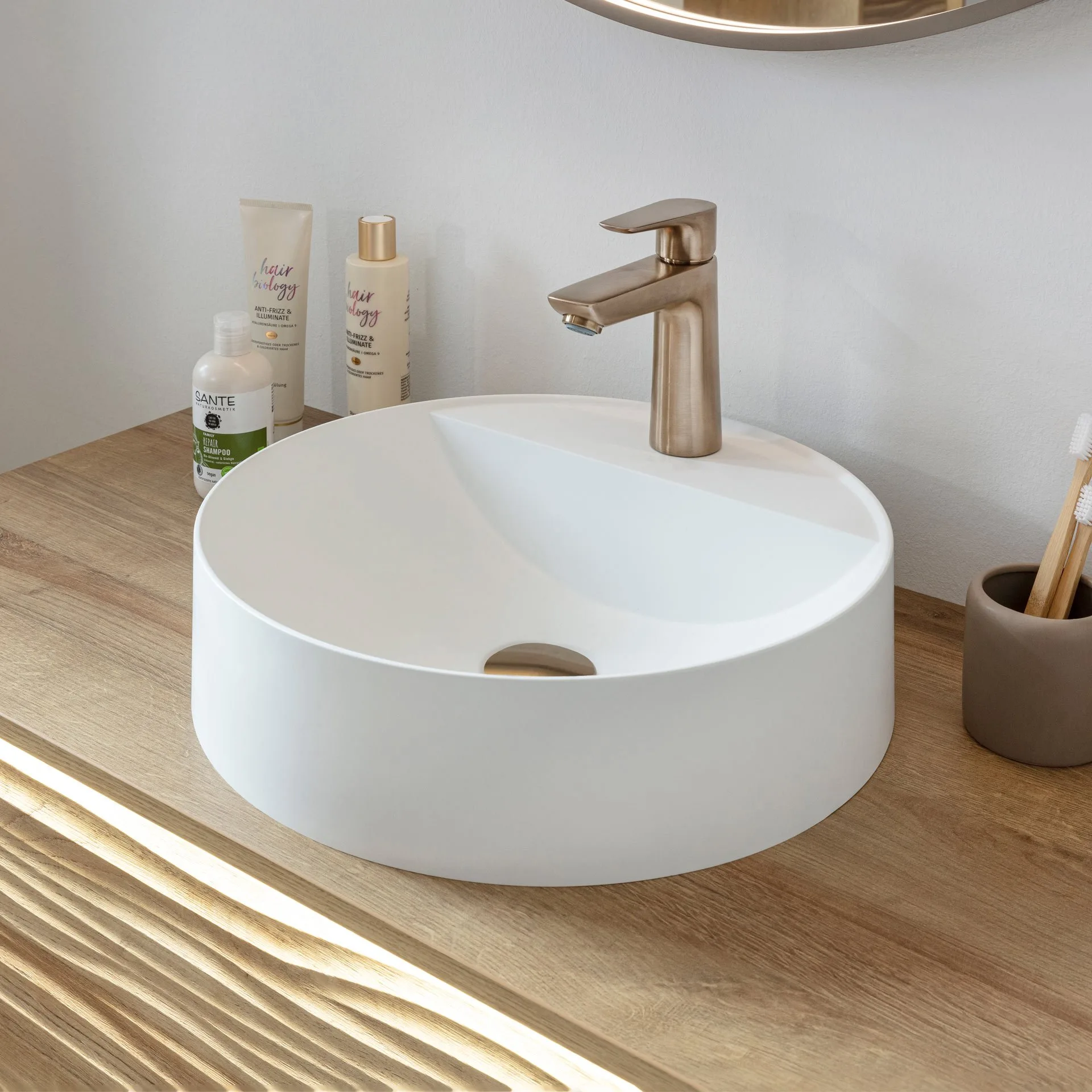 LANZET DUNE Waschbecken mit Unterschrank 100,3 cm breit, Braun hell, Aufsatzwaschbecken Gussmarmor Weiß, inkl. LED Beleuchtung