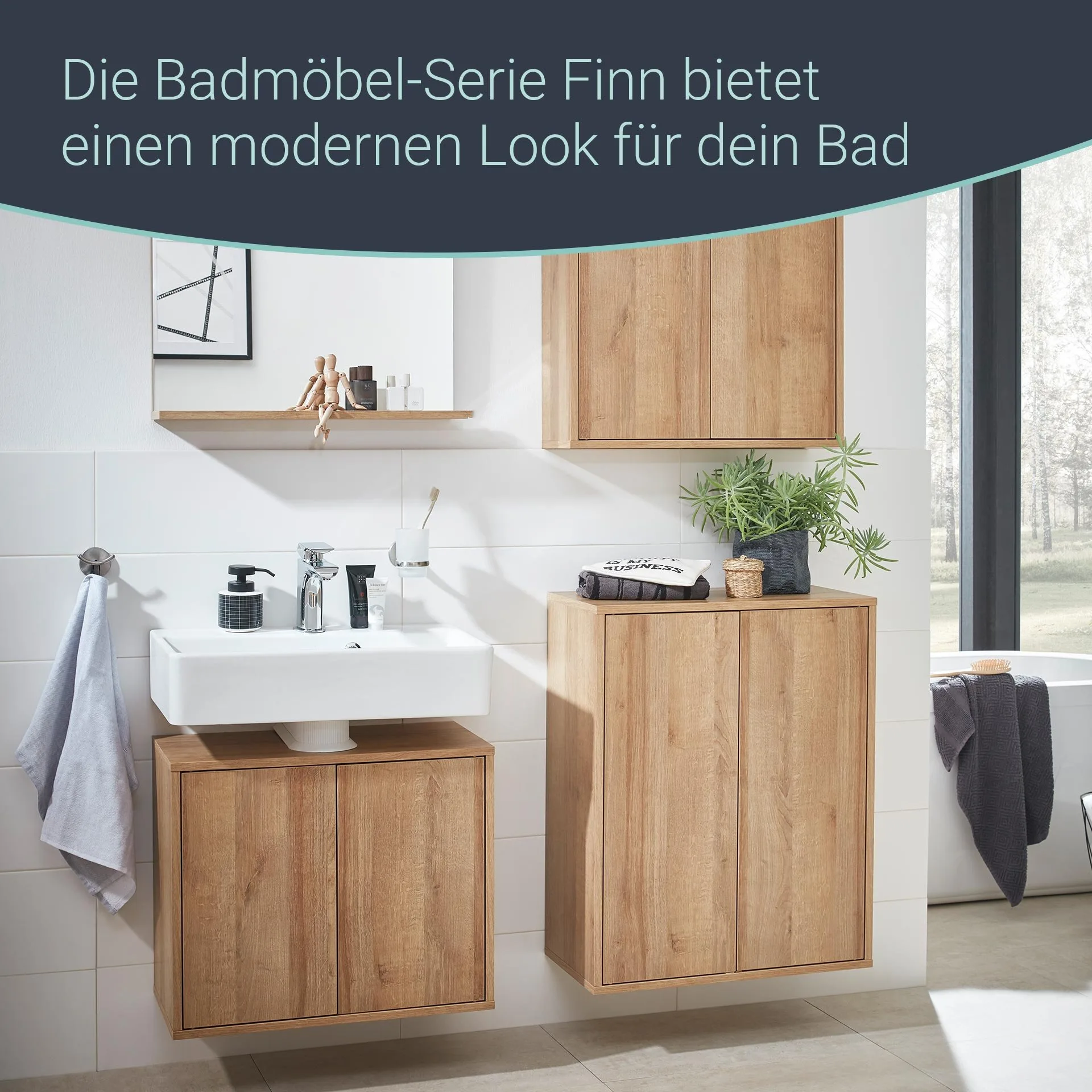 FACKELMANN FINN Waschbecken mit Unterschrank 60 cm breit, Braun hell, Waschbecken Keramik Weiß