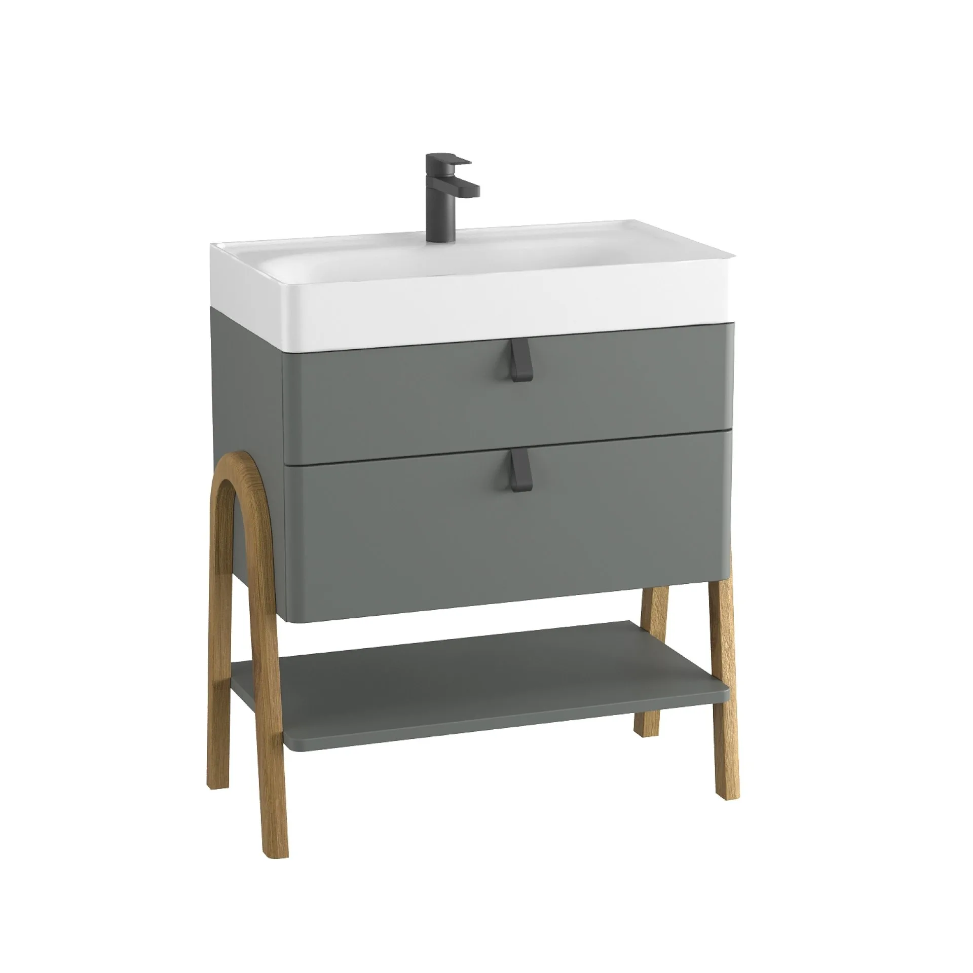 BADEDU PINA Waschbecken mit Unterschrank 70 cm breit, Grün, Waschbecken Gussmarmor Weiß, mit Füßen