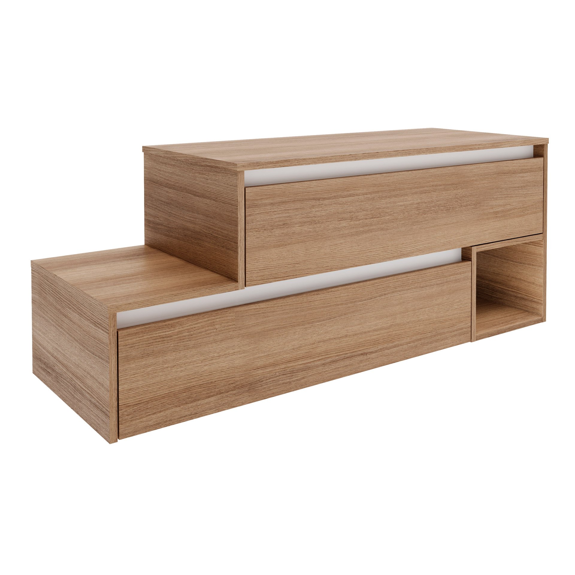 FACKELMANN VITA Waschbeckenunterschrank 129 cm breit, Braun hell, mit weißen Blenden, 1 Fach, Ablage links, asymmetrisch