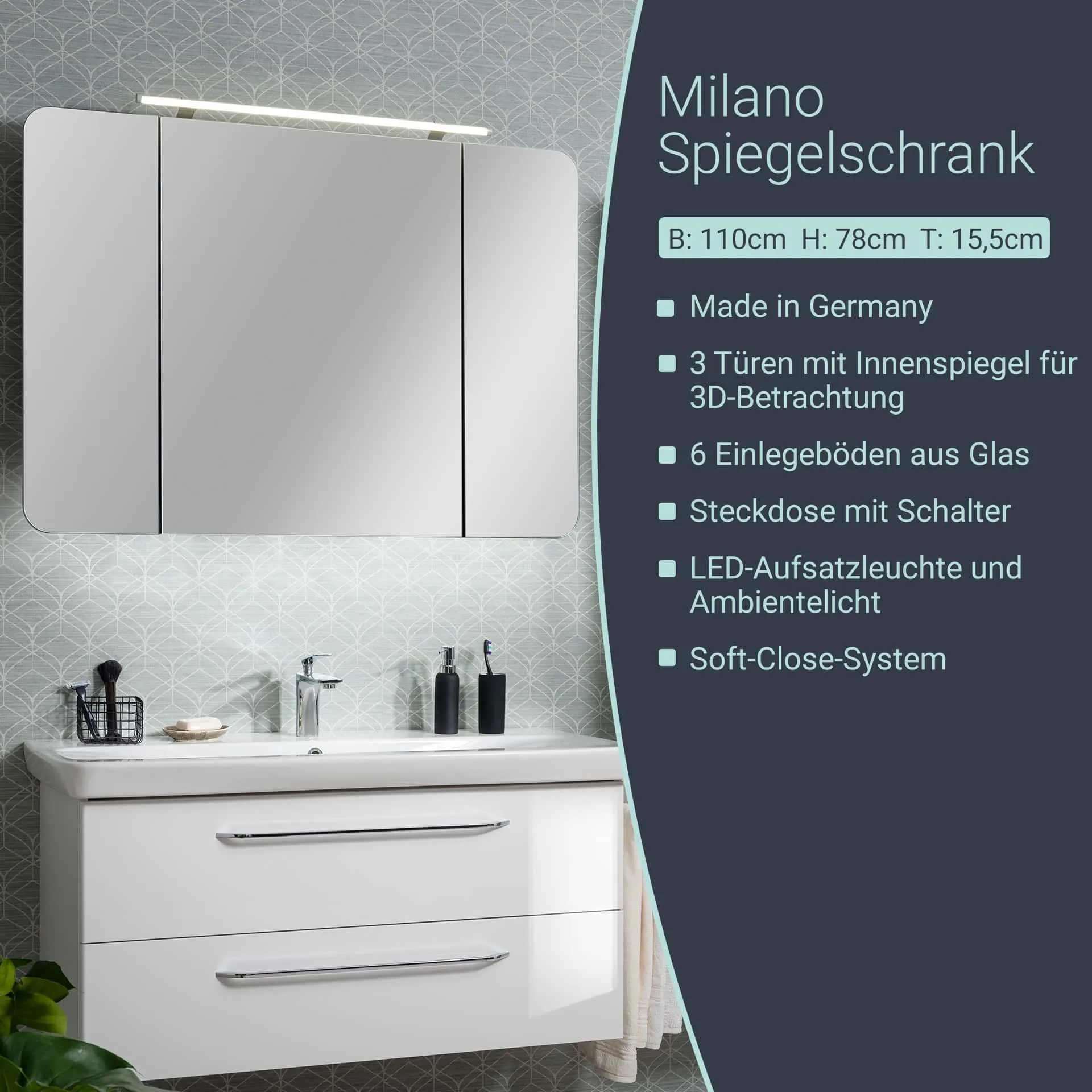 FACKELMANN MILANO LED Spiegelschrank 110 cm breit, Weiß